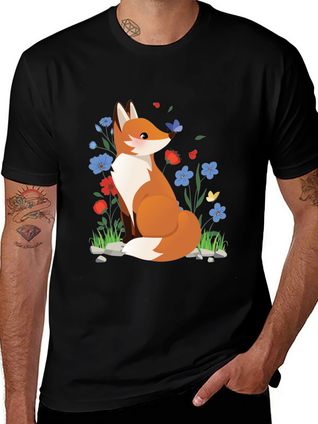 Fox and Floral Print Black T-Shirt