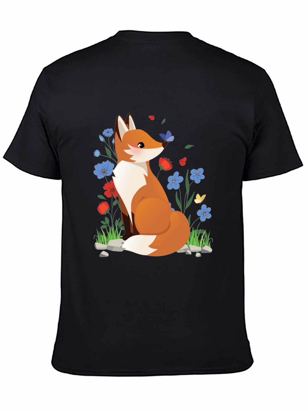 Fox and Floral Print Black T-Shirt