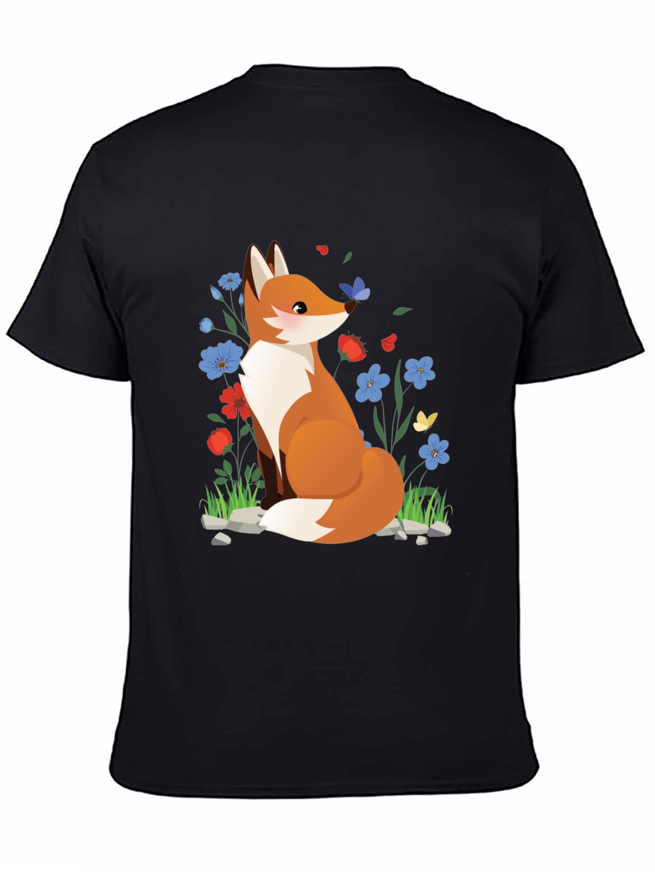 Fox and Floral Print Black T-Shirt