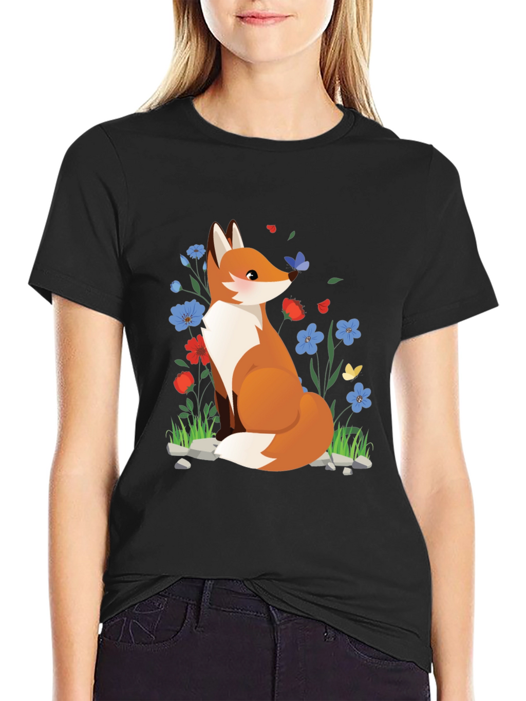 Fox and Floral Print Black T-Shirt