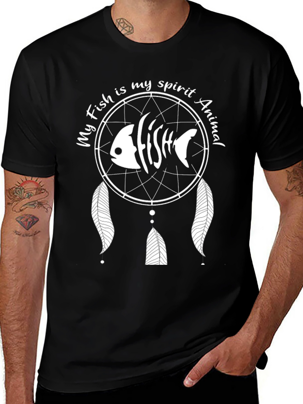 Fish Spirit Animal Graphic Tee - Black Cotton