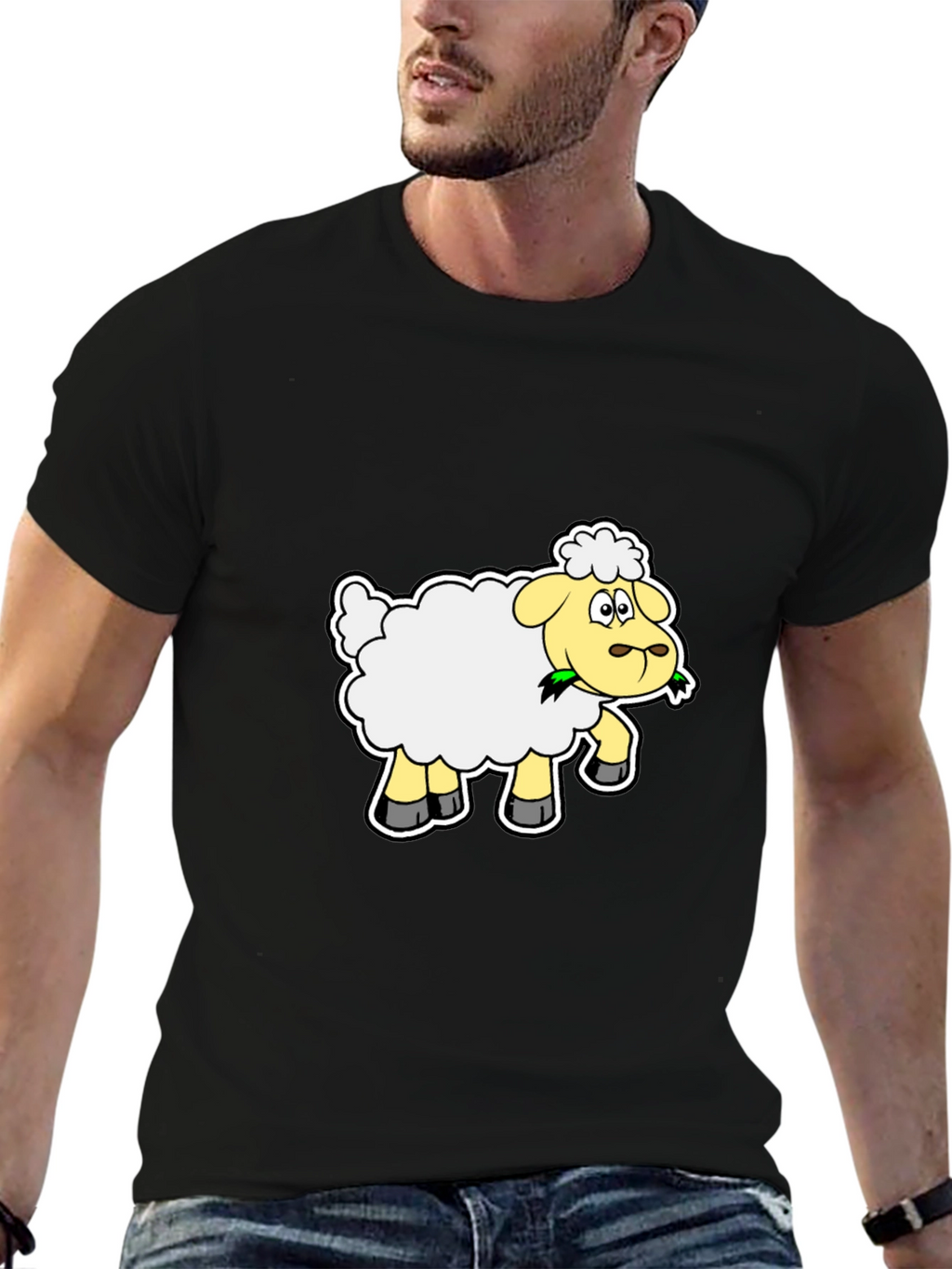 Cartoon Sheep Graphic Tee - Black Cotton Blend