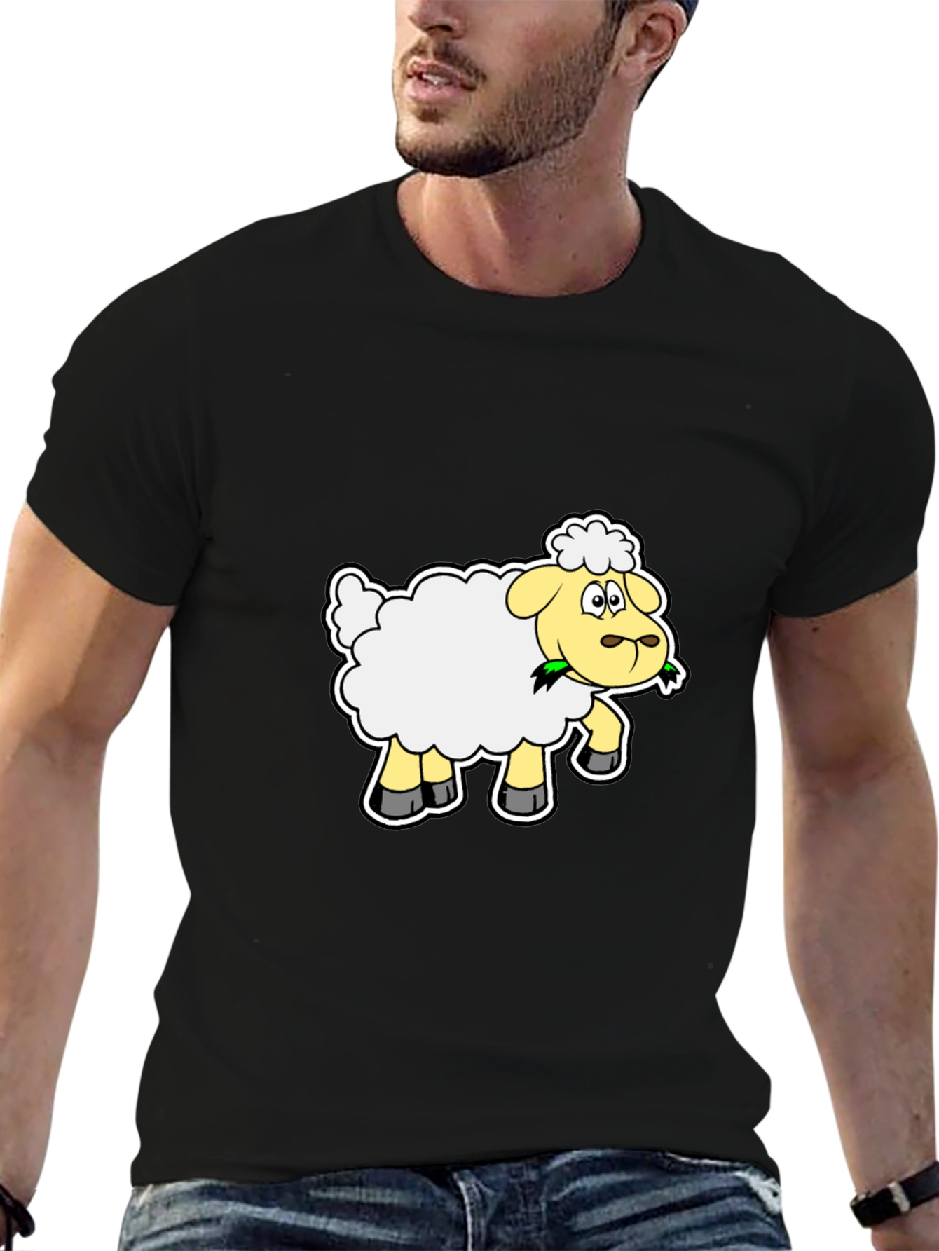 Cartoon Sheep Graphic Tee - Black Cotton Blend