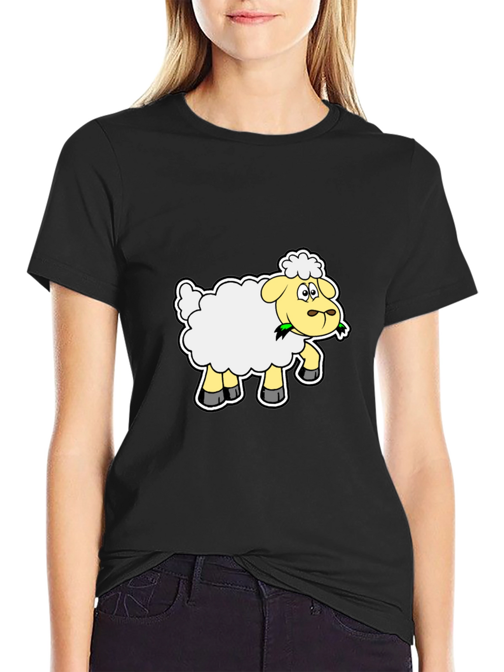 Cartoon Sheep Graphic Tee - Black Cotton Blend