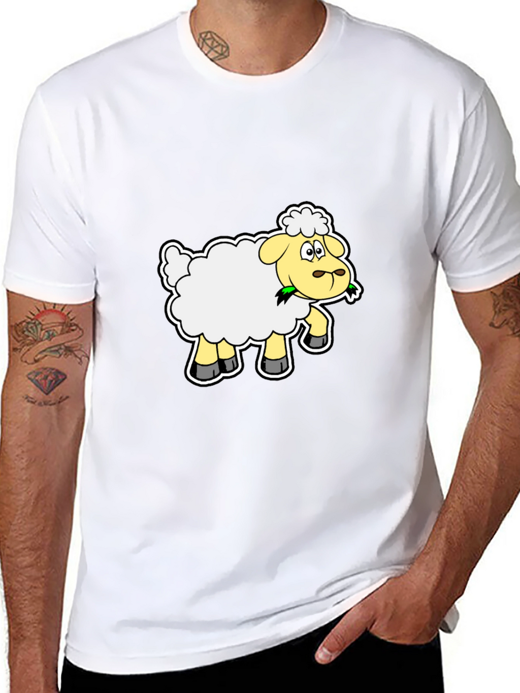 Cartoon Sheep Graphic Tee - Black Cotton Blend