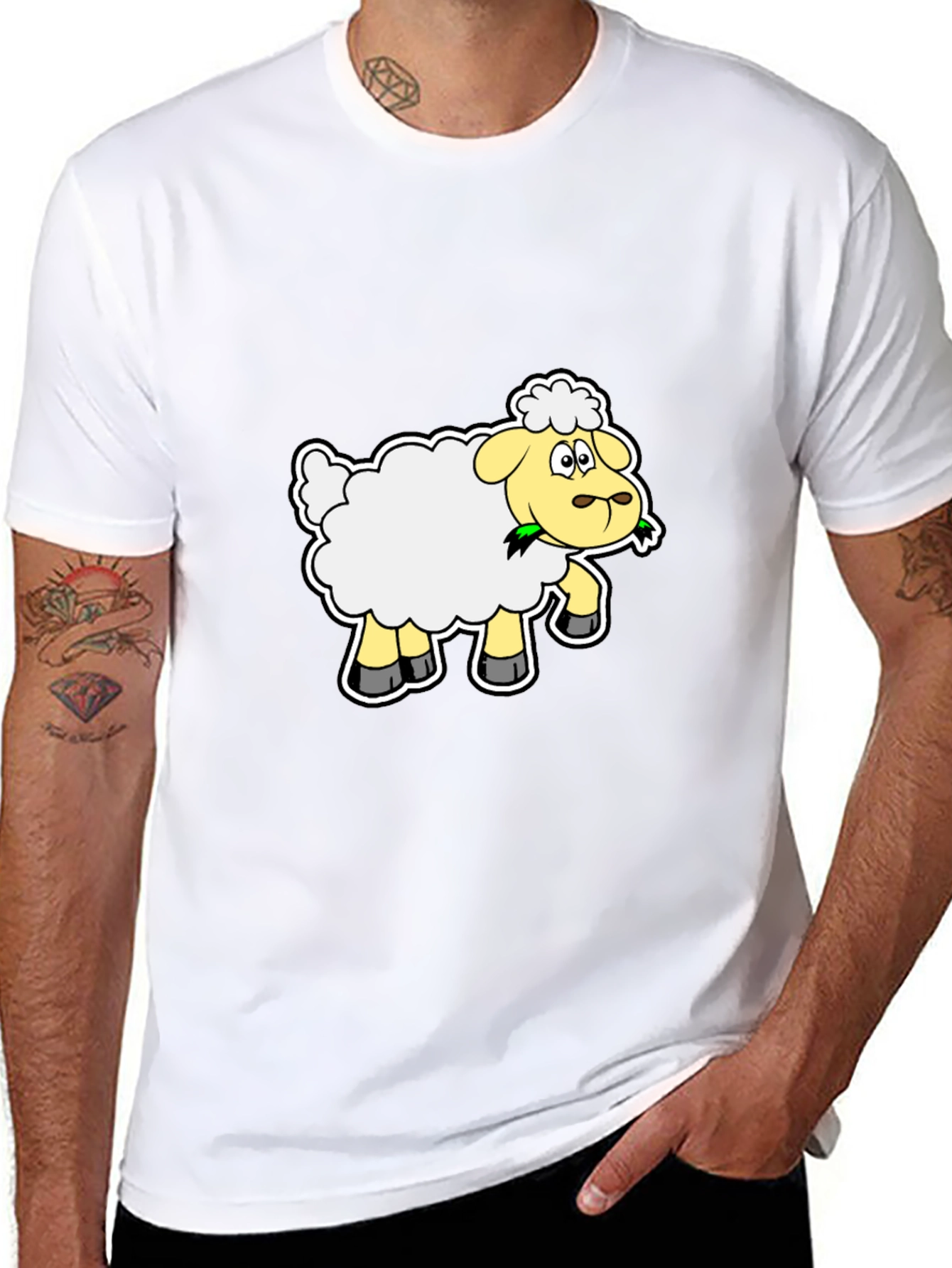 Cartoon Sheep Graphic Tee - Black Cotton Blend