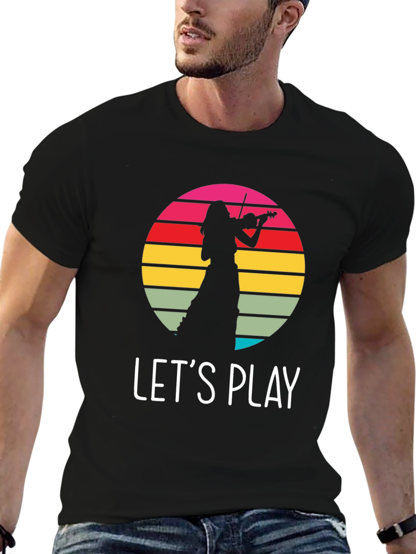 Violin Player Retro Sunset Black T-Shirt