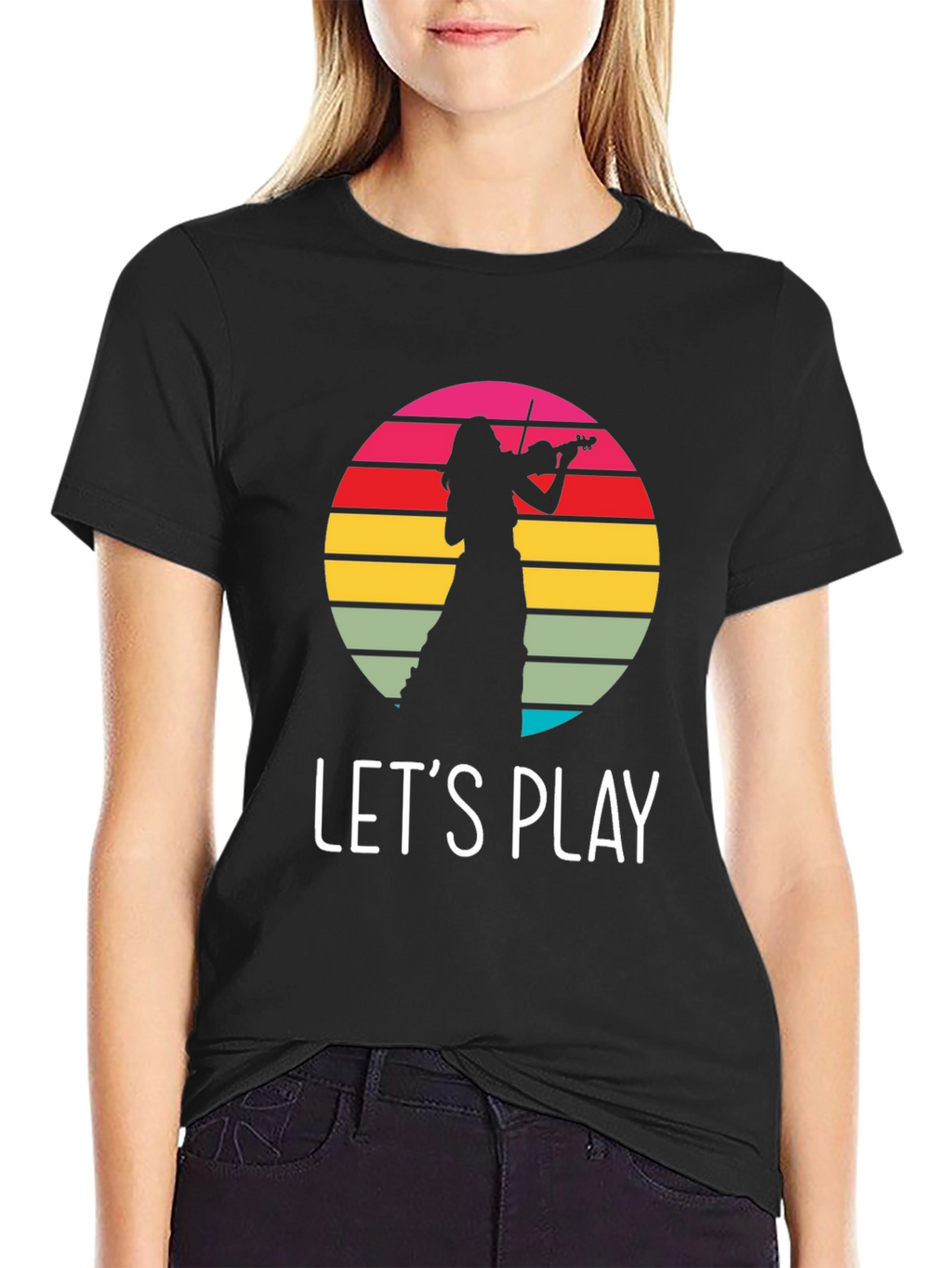 Violin Player Retro Sunset Black T-Shirt