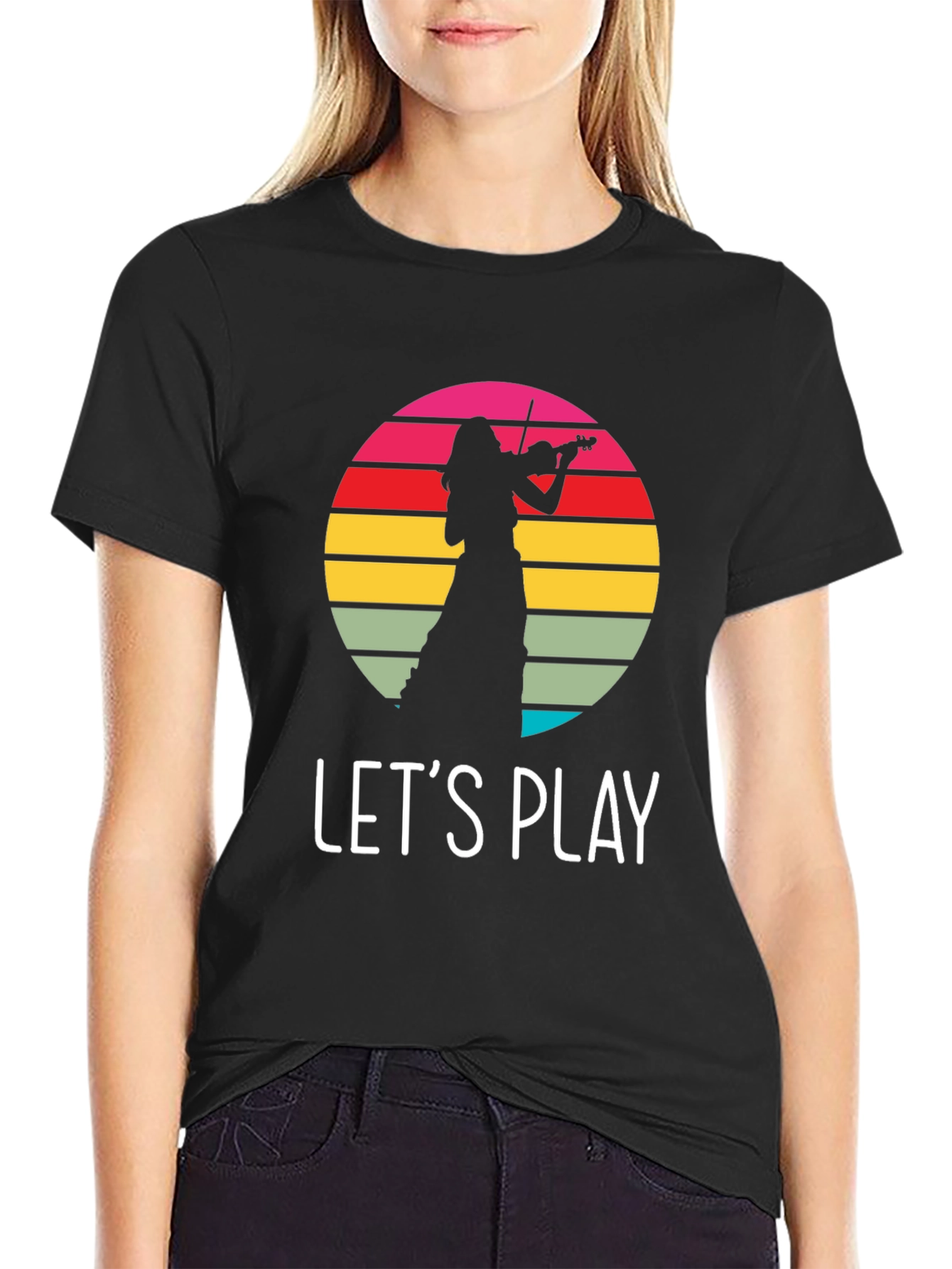 Violin Player Retro Sunset Black T-Shirt