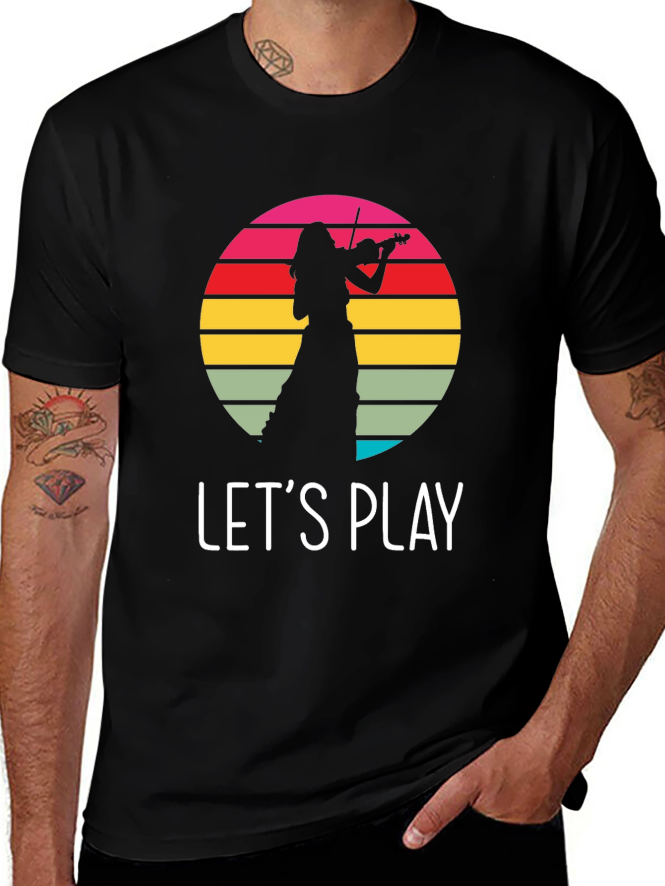Violin Player Retro Sunset Black T-Shirt