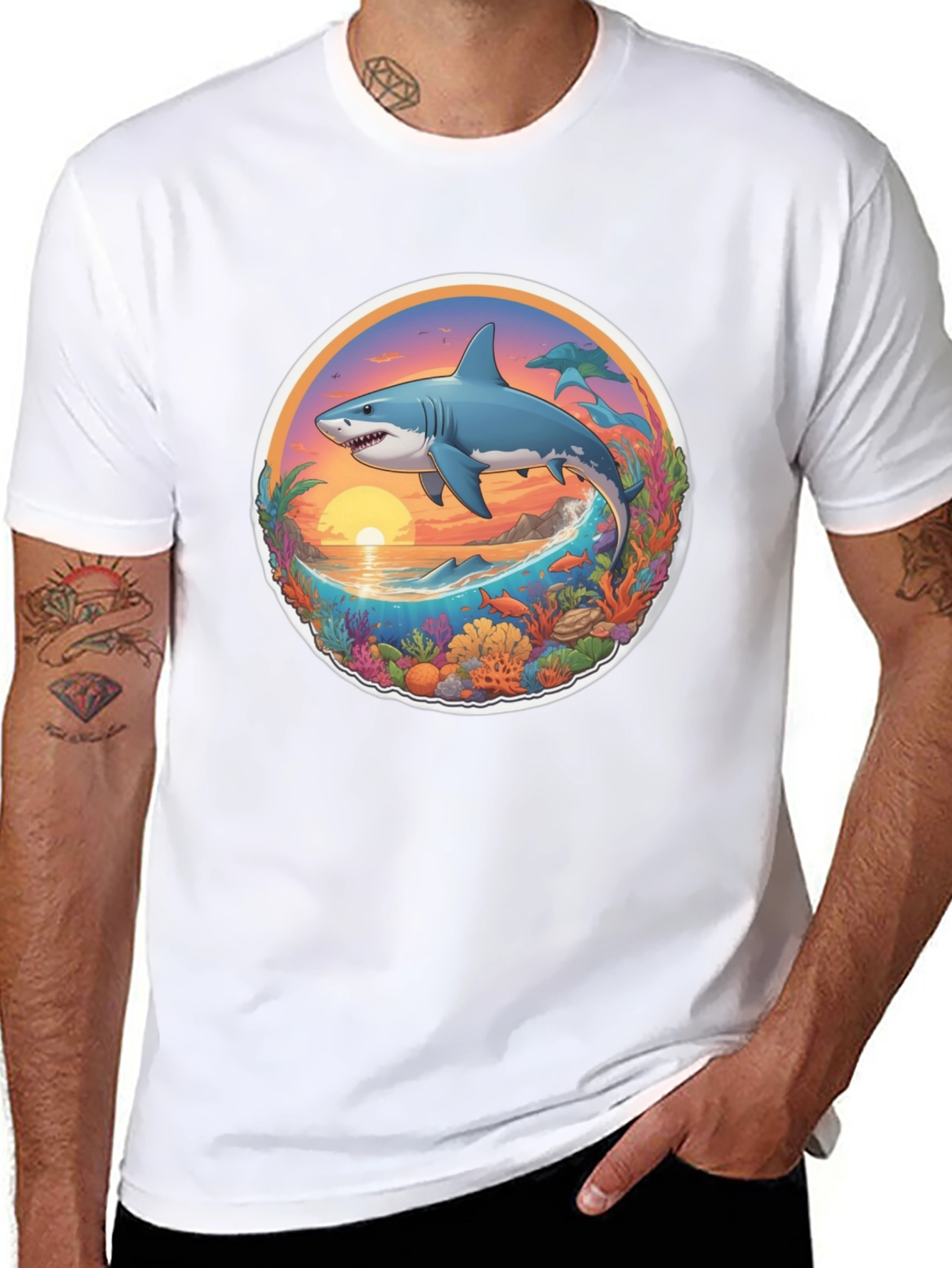 Shark Ocean Sunset Graphic Tee
