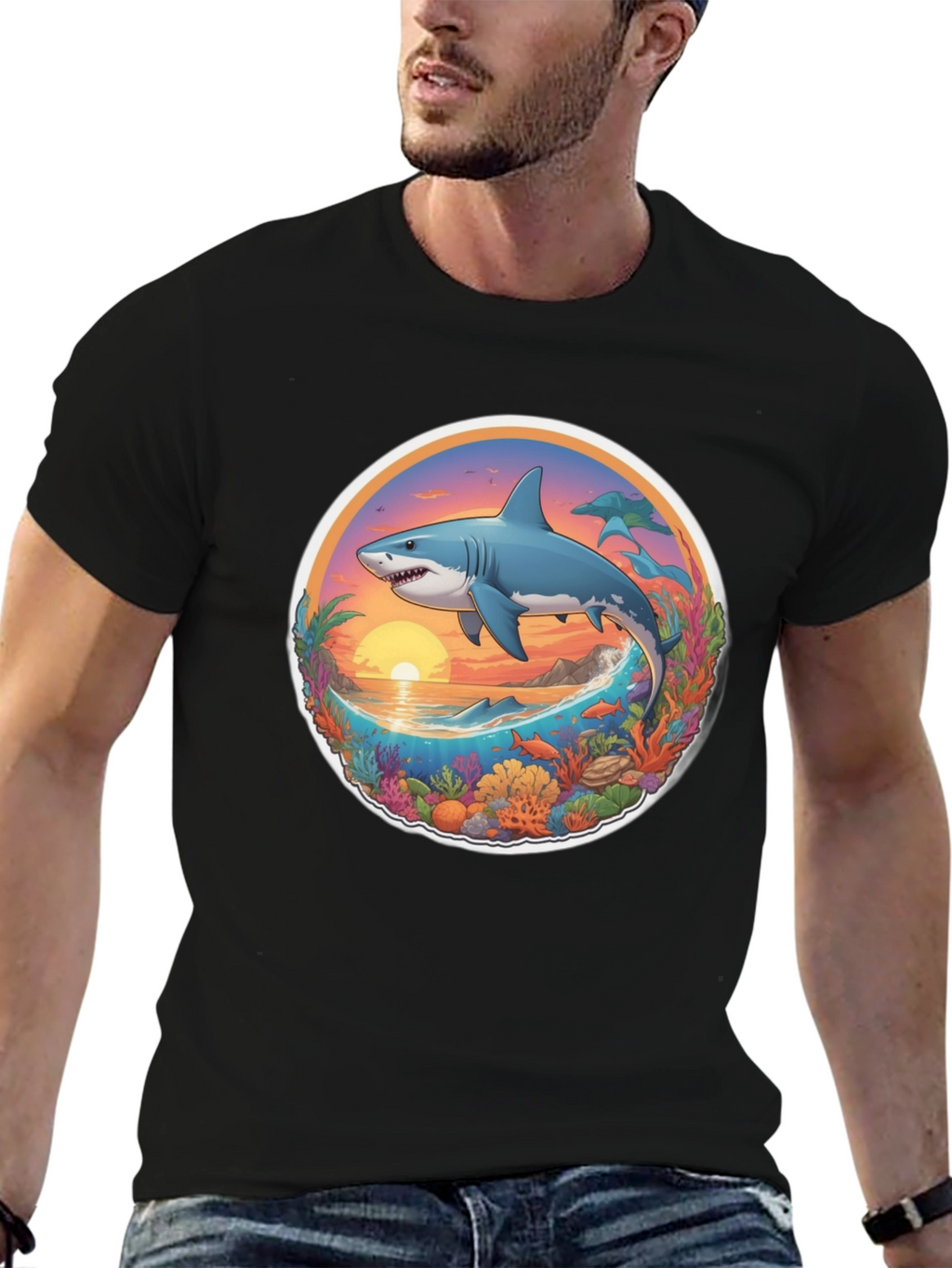 Shark Ocean Sunset Graphic Tee