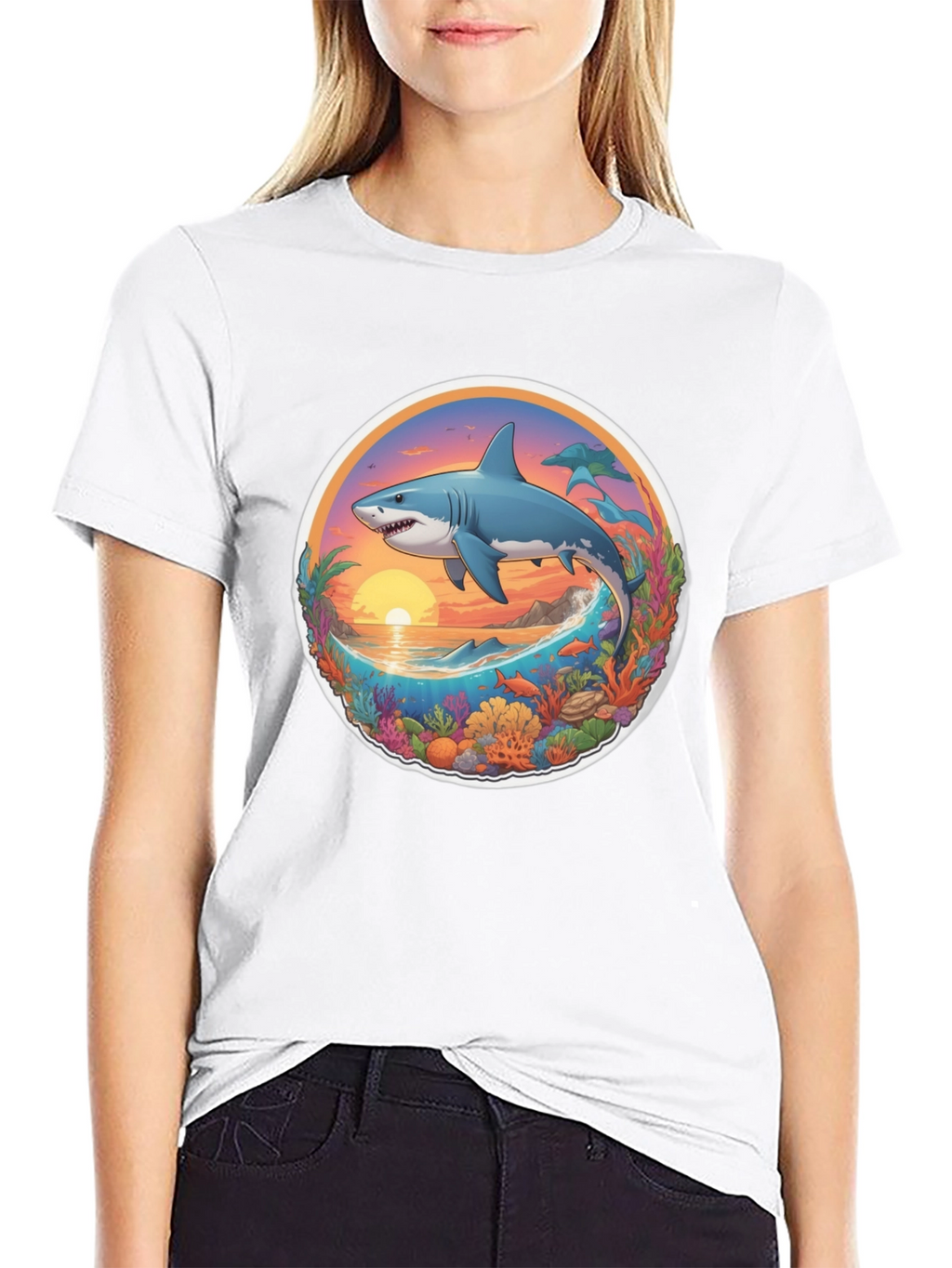 Shark Ocean Sunset Graphic Tee