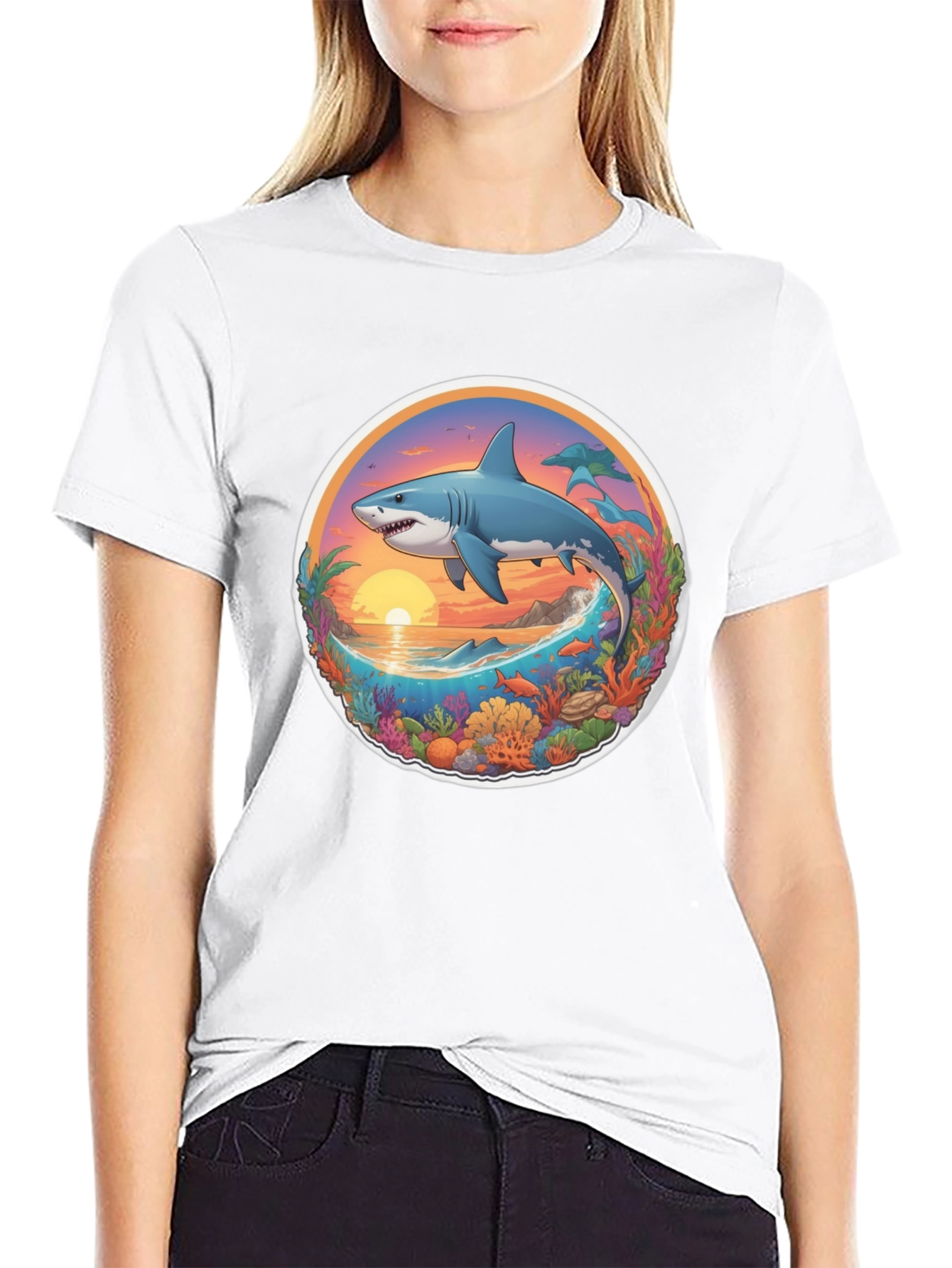 Shark Ocean Sunset Graphic Tee