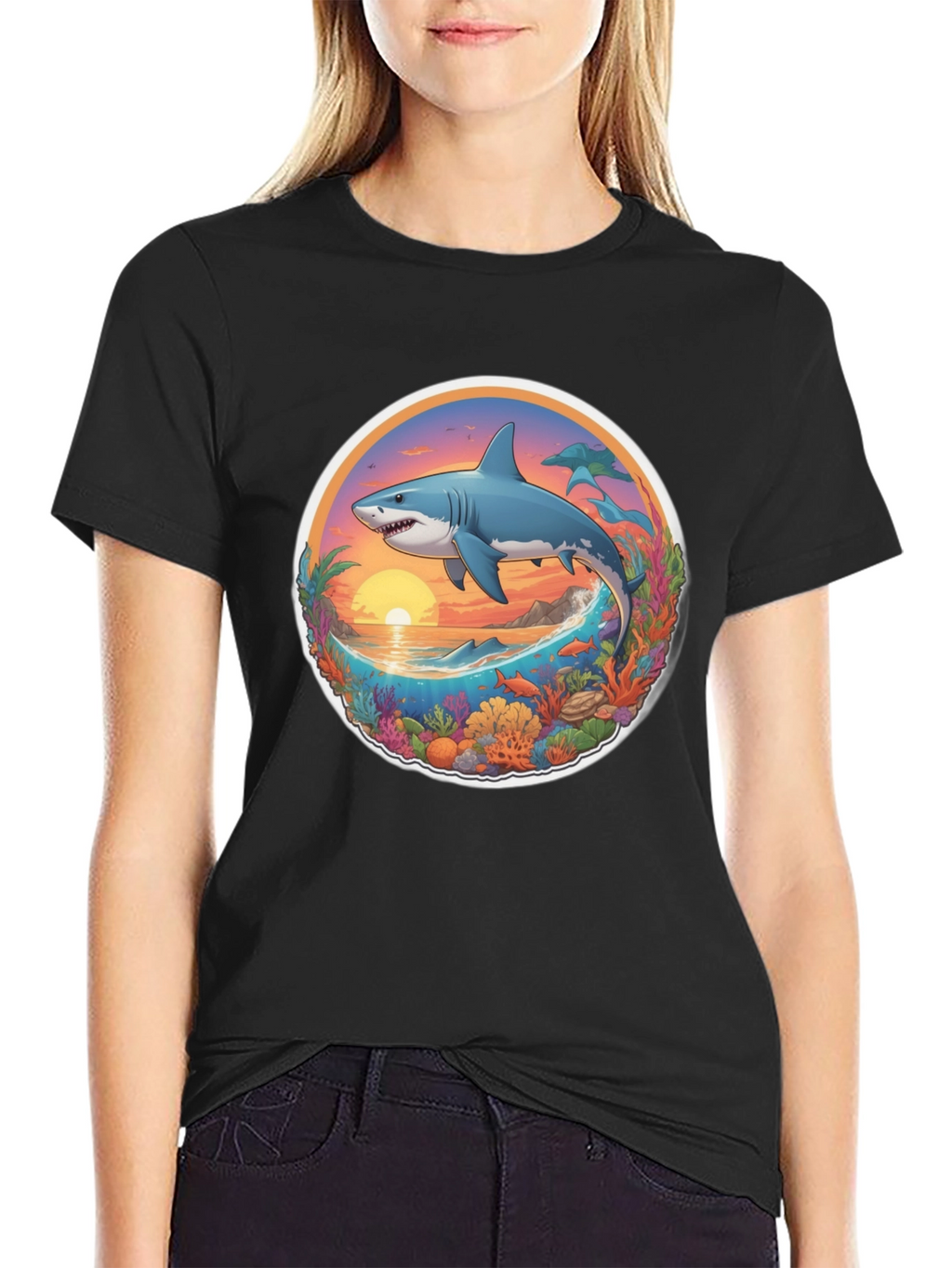 Shark Ocean Sunset Graphic Tee
