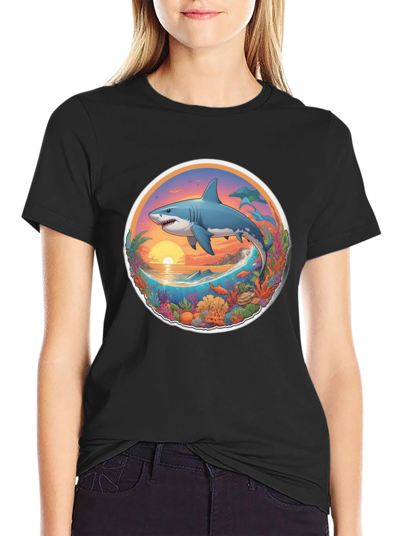 Shark Ocean Sunset Graphic Tee