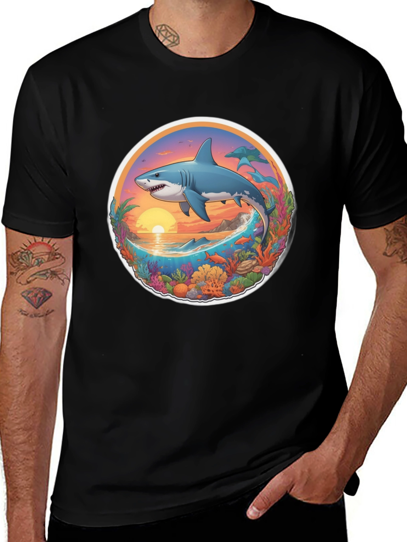 Shark Ocean Sunset Graphic Tee