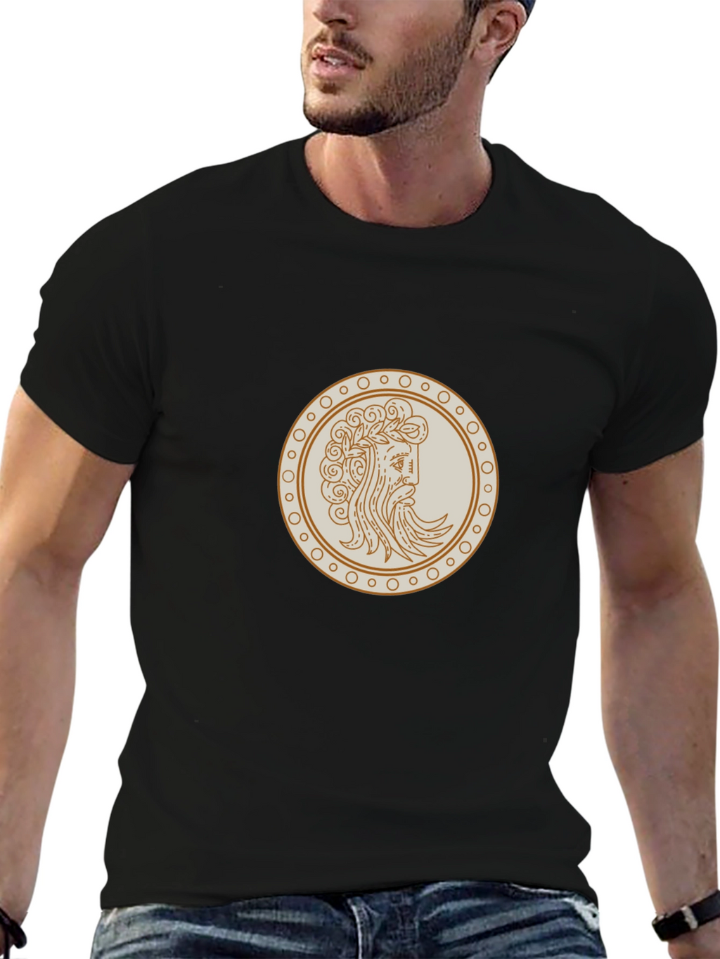 Black Tee with Ancient Greek Coin Graphic