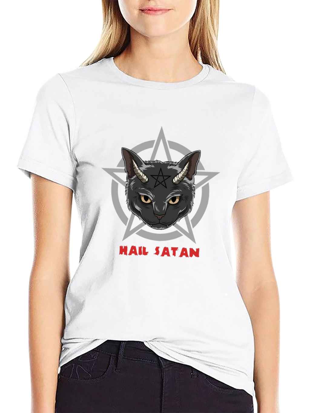 Hail Satan Cat Graphic Black T-Shirt