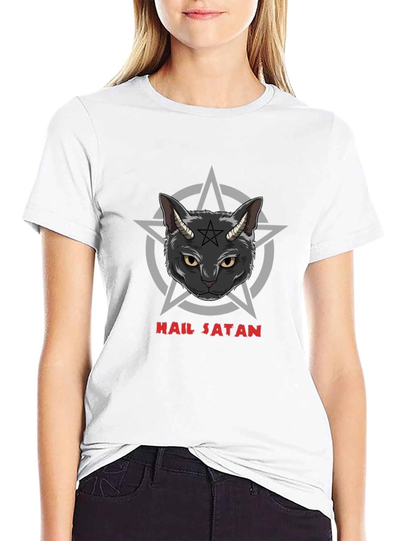 Hail Satan Cat Graphic Black T-Shirt