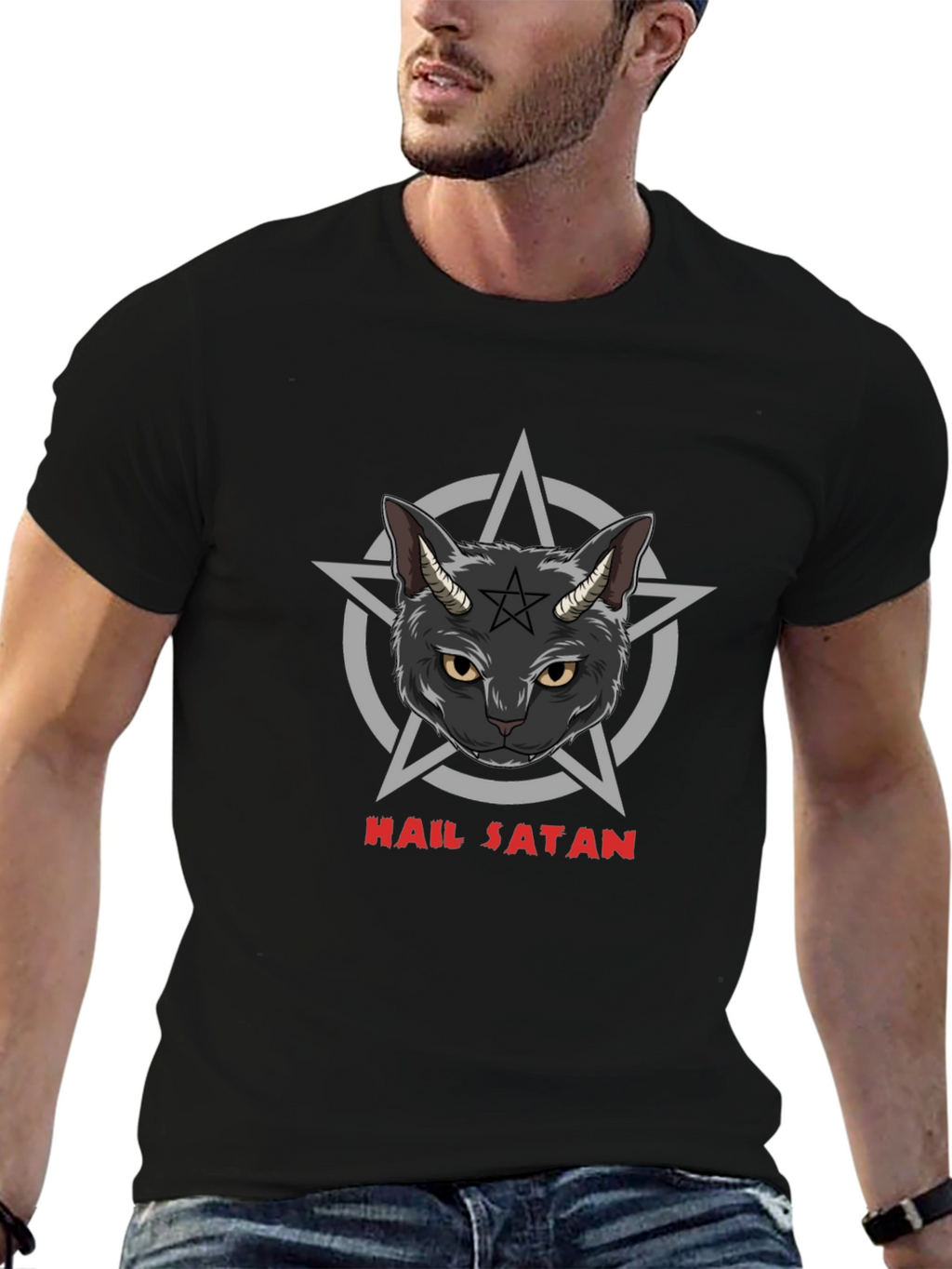 Hail Satan Cat Graphic Black T-Shirt