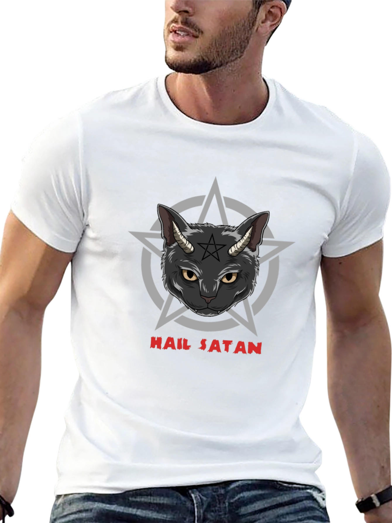 Hail Satan Cat Graphic Black T-Shirt