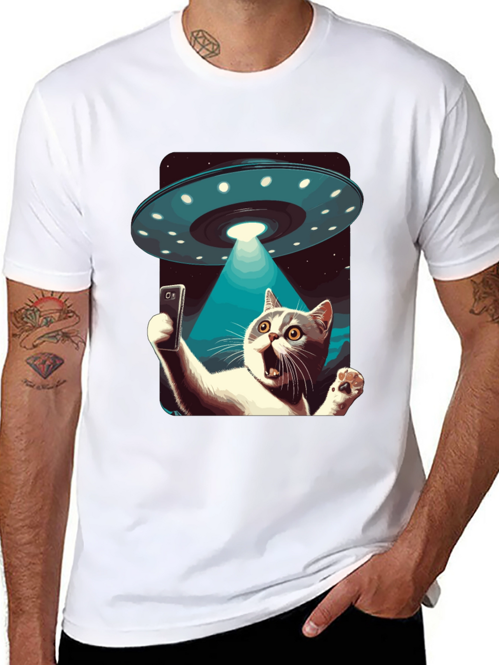Alien Abduction Cat Selfie T-Shirt