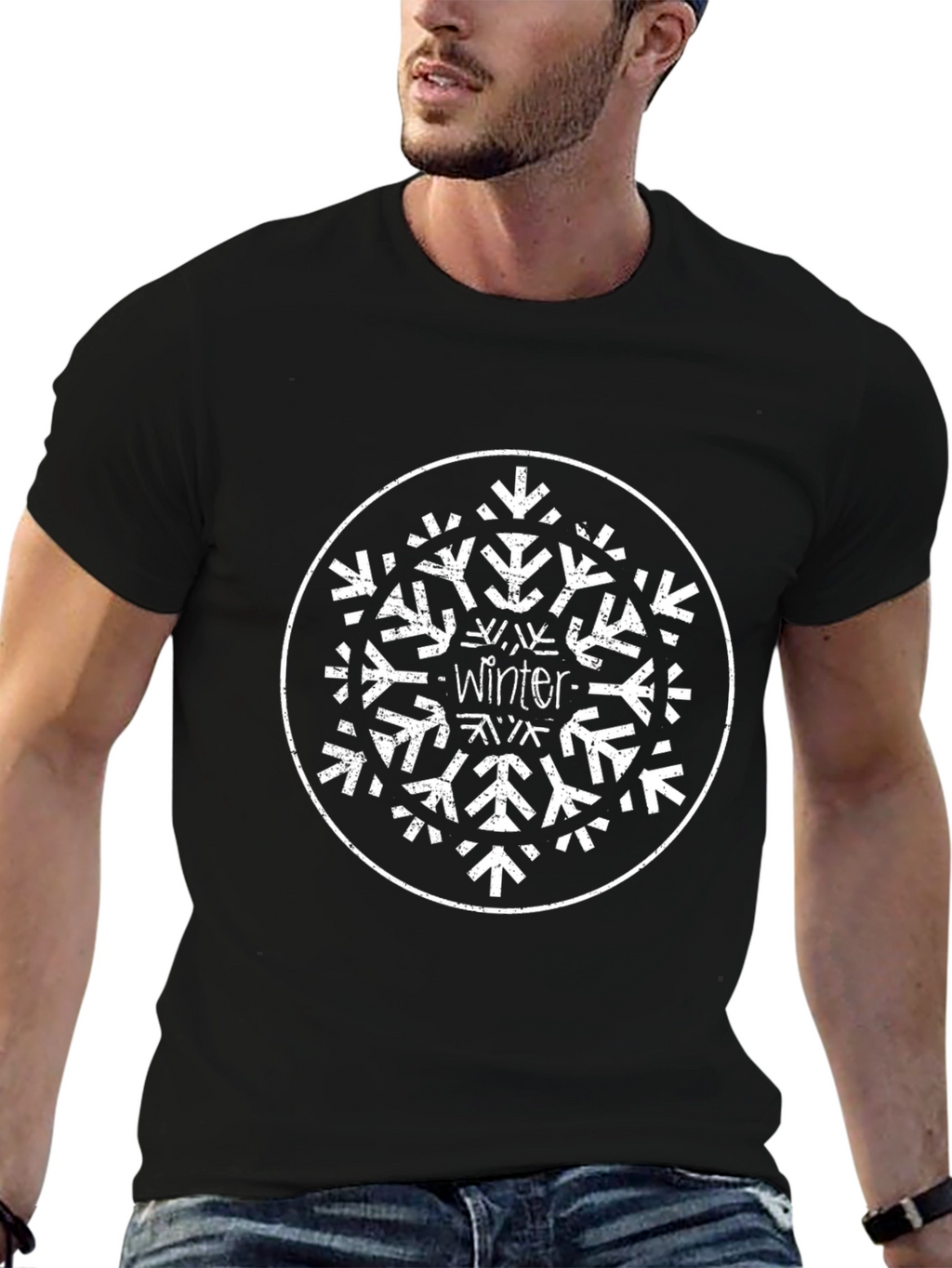 Winter Snowflake Graphic Tee - Black Cotton Blend Shirt