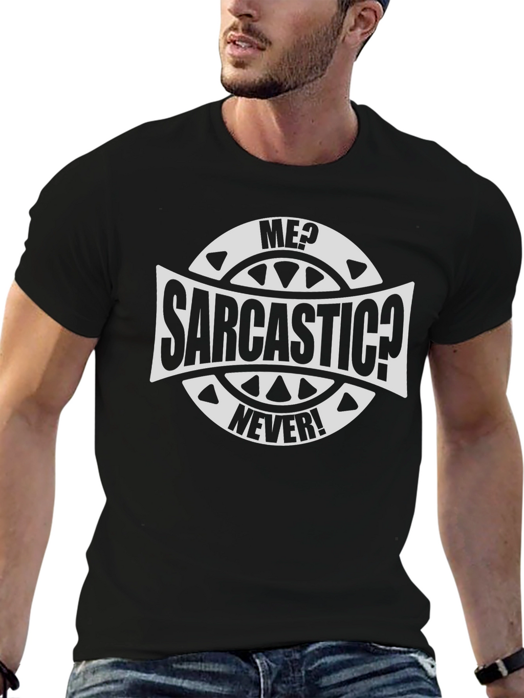 Sarcastic? Never! Mens Black Graphic Tee