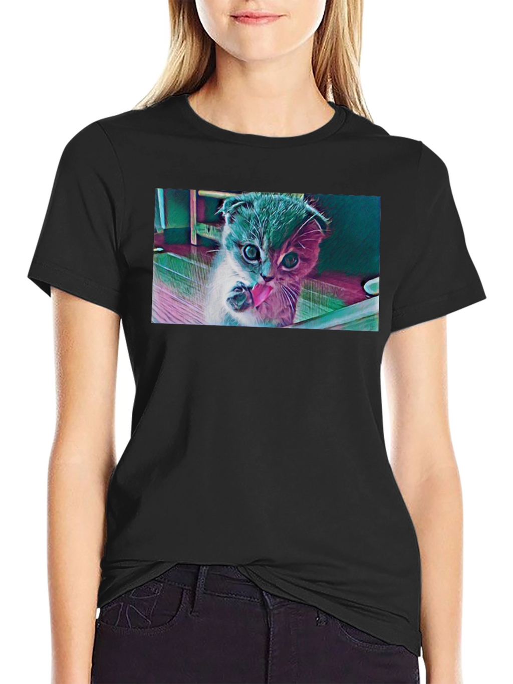 Cute Kitten Graphic Black T-Shirt