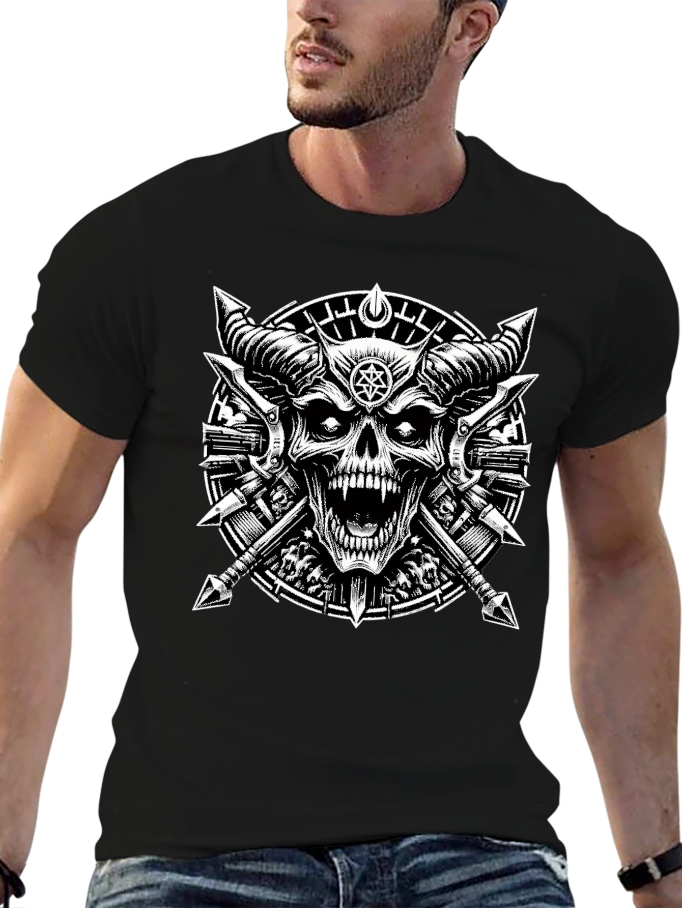 Black Graphic Tee - Skull & Cross Spears Design
