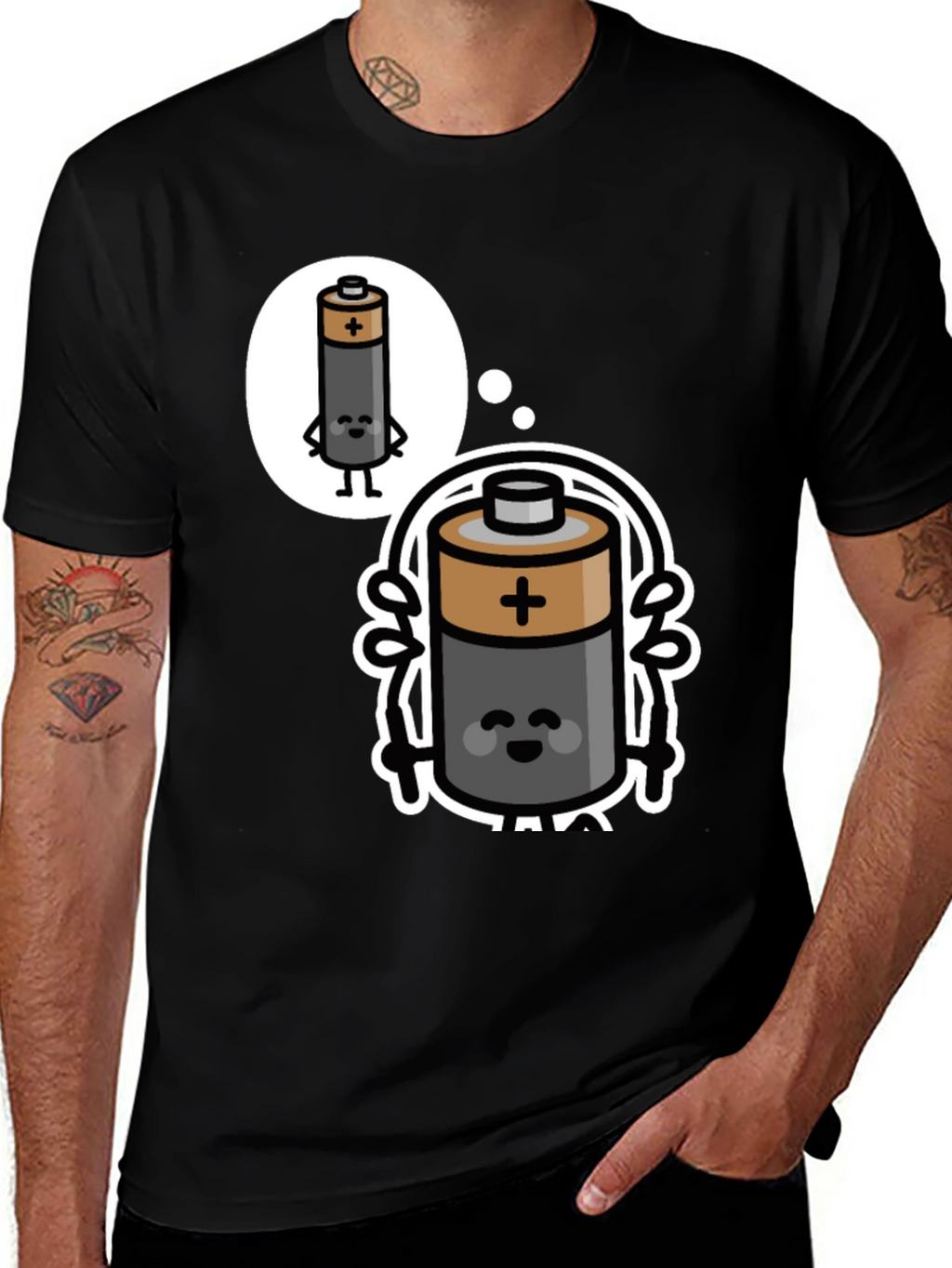 Funny Battery Cartoon Black T-Shirt