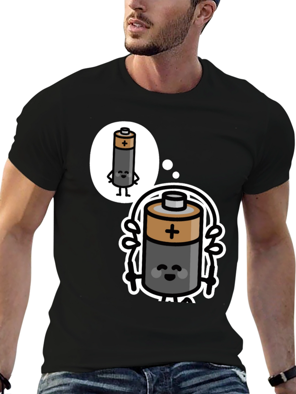Funny Battery Cartoon Black T-Shirt