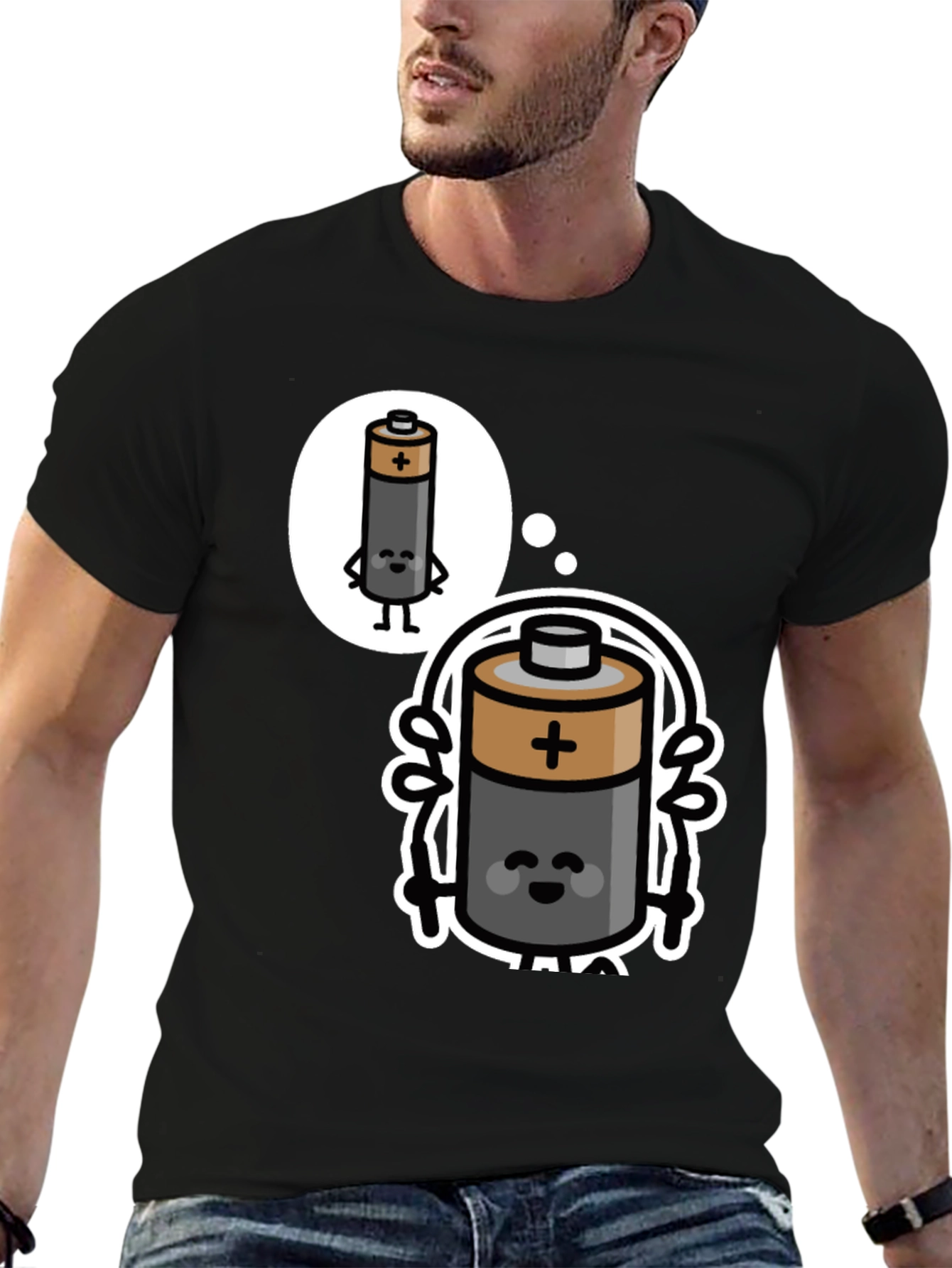 Funny Battery Cartoon Black T-Shirt
