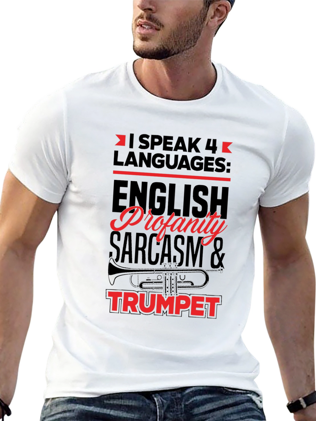 I Speak 4 Languages Trumpet Black T-Shirt