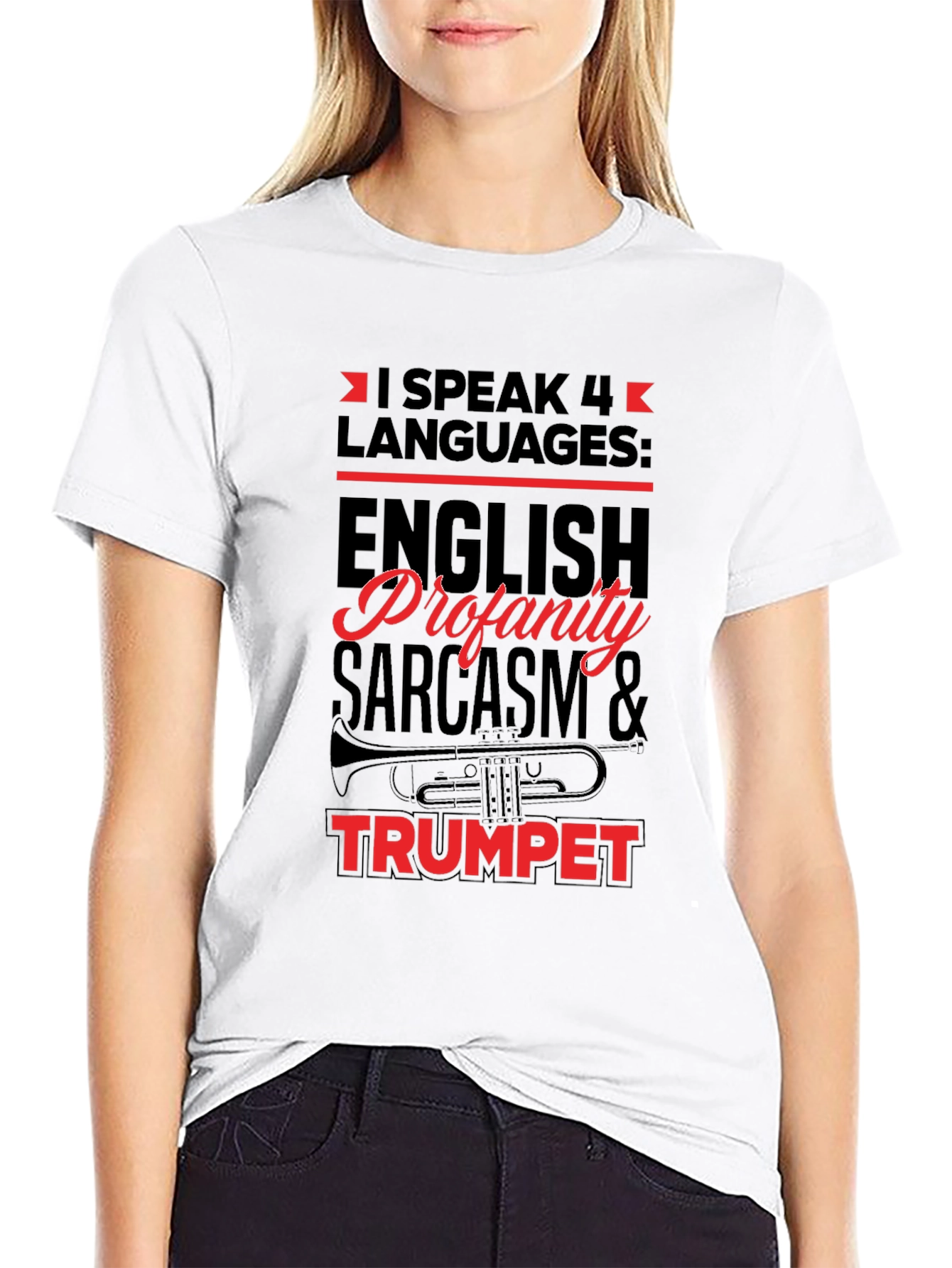 I Speak 4 Languages Trumpet Black T-Shirt
