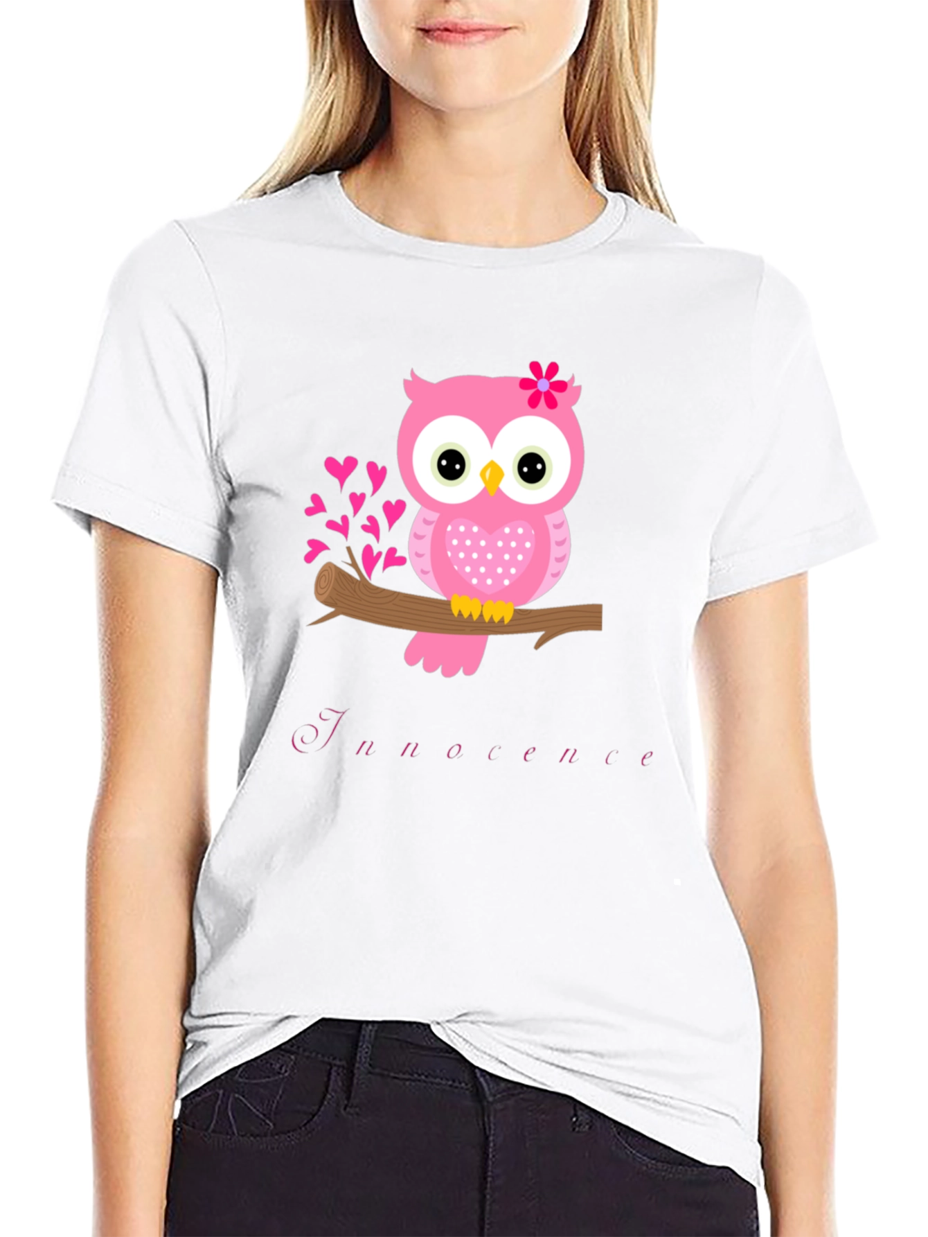 Owl Innocence T-Shirt - Cute Pink Bird Tee