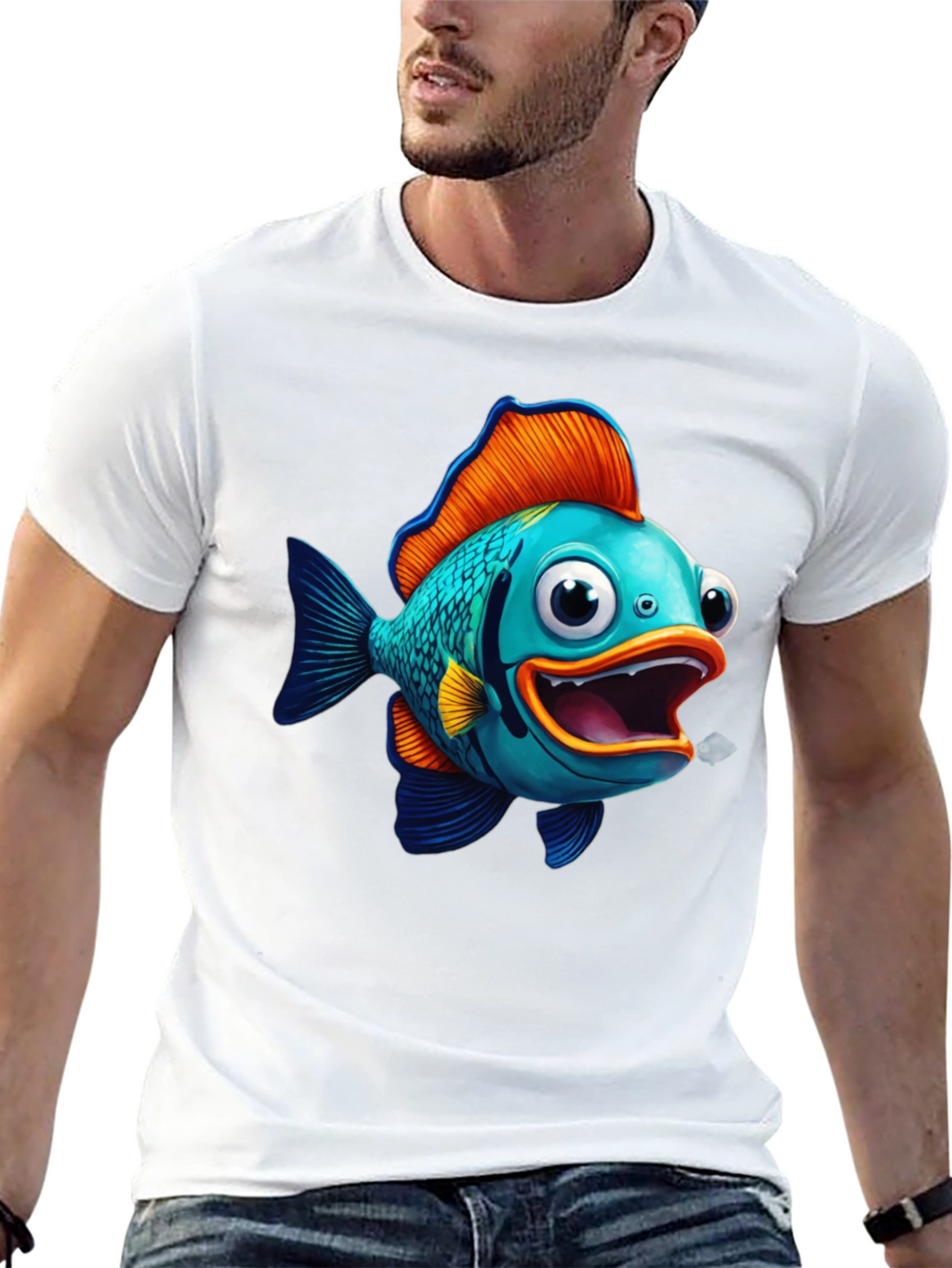 Cartoon Fish Graphic Tee - Black Cotton Blend