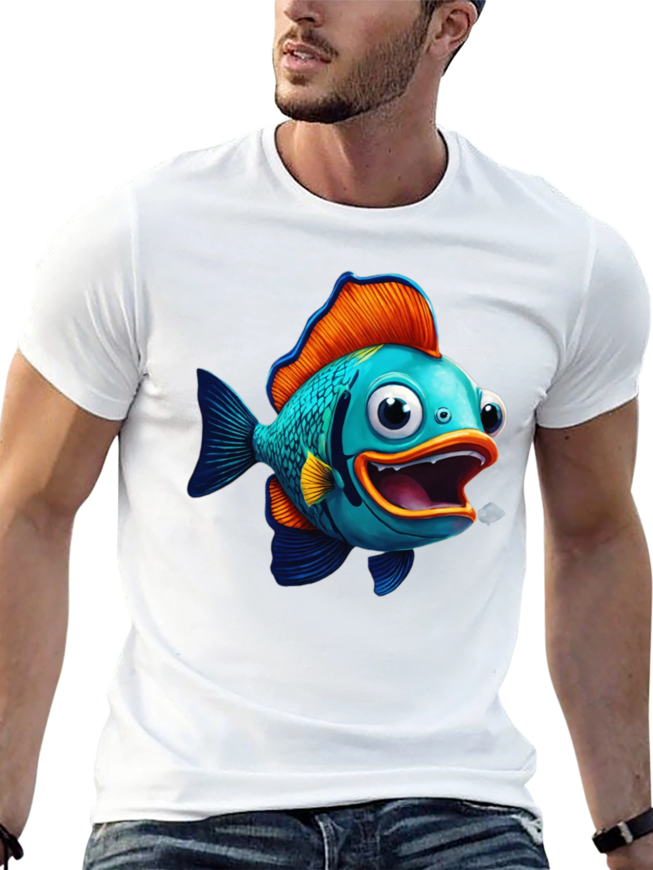 Cartoon Fish Graphic Tee - Black Cotton Blend