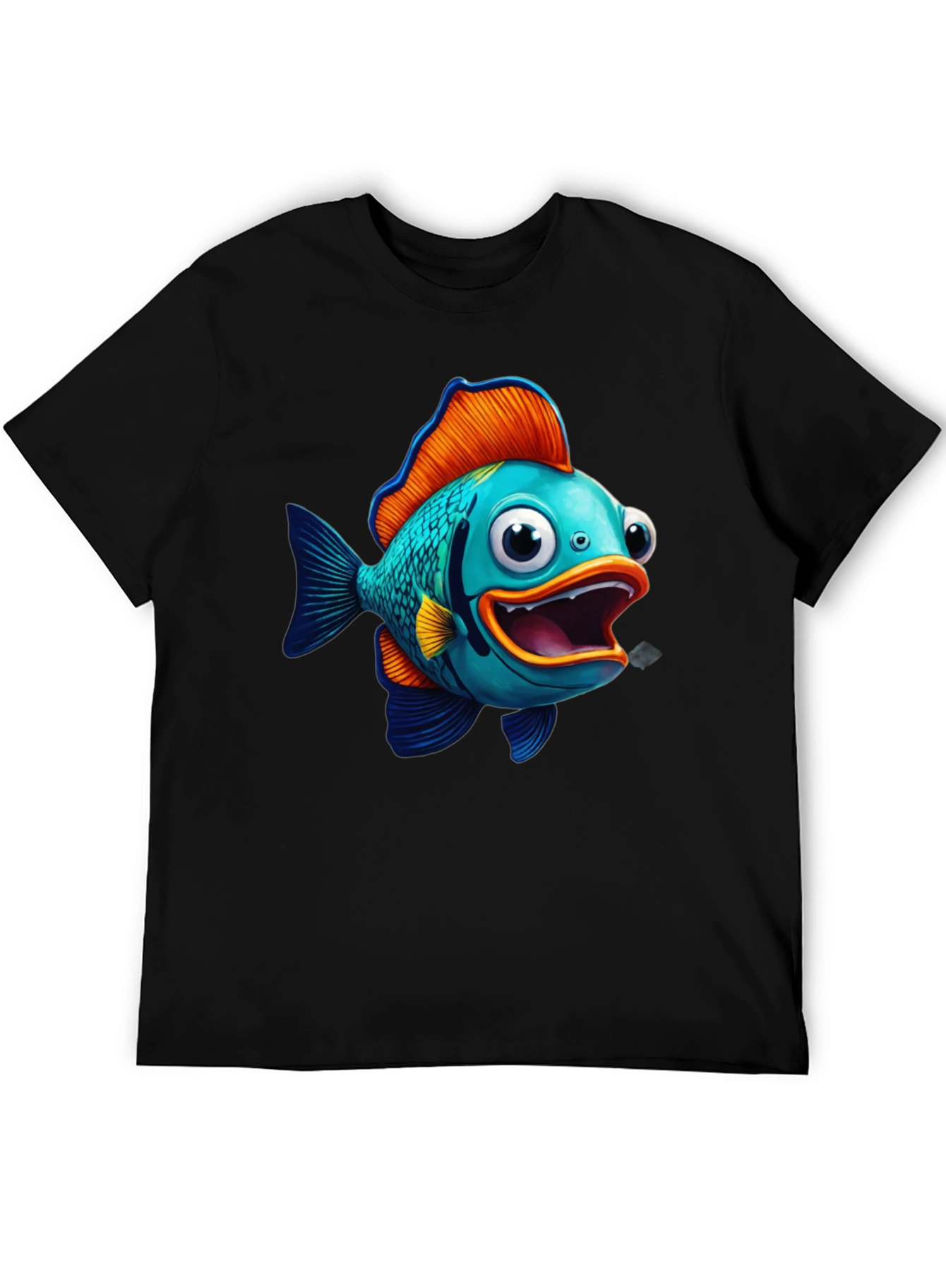 Cartoon Fish Graphic Tee - Black Cotton Blend