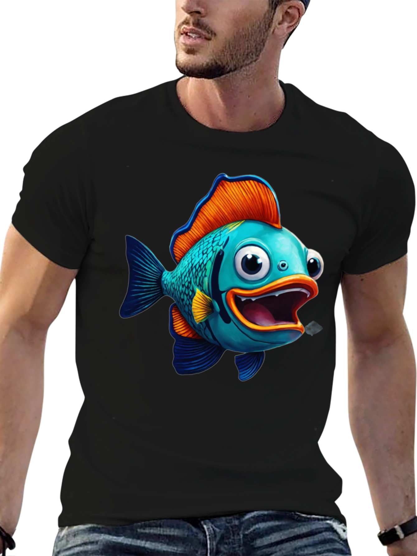 Cartoon Fish Graphic Tee - Black Cotton Blend