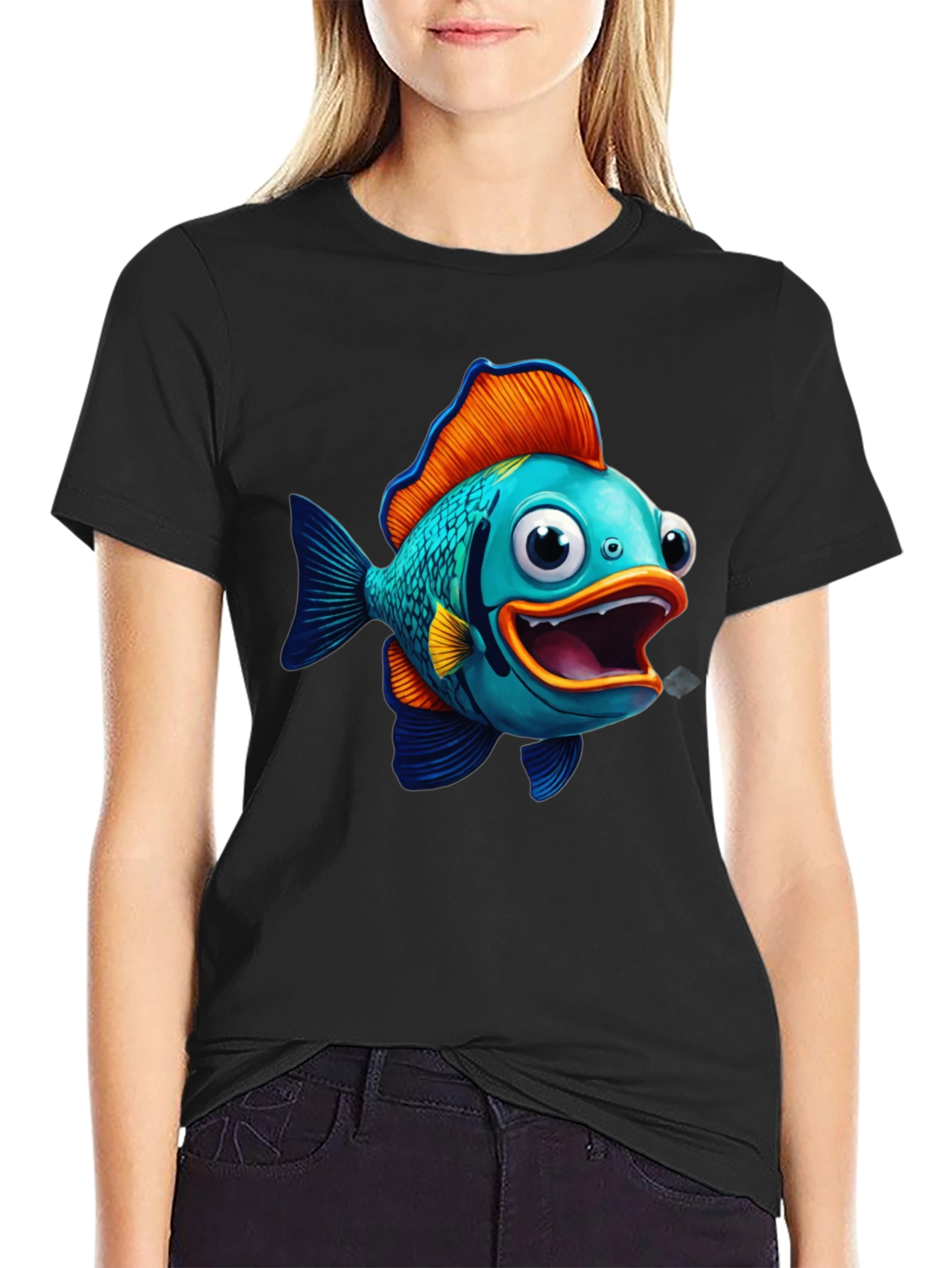 Cartoon Fish Graphic Tee - Black Cotton Blend