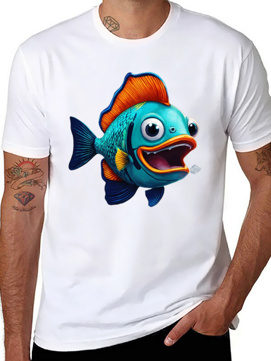 Cartoon Fish Graphic Tee - Black Cotton Blend