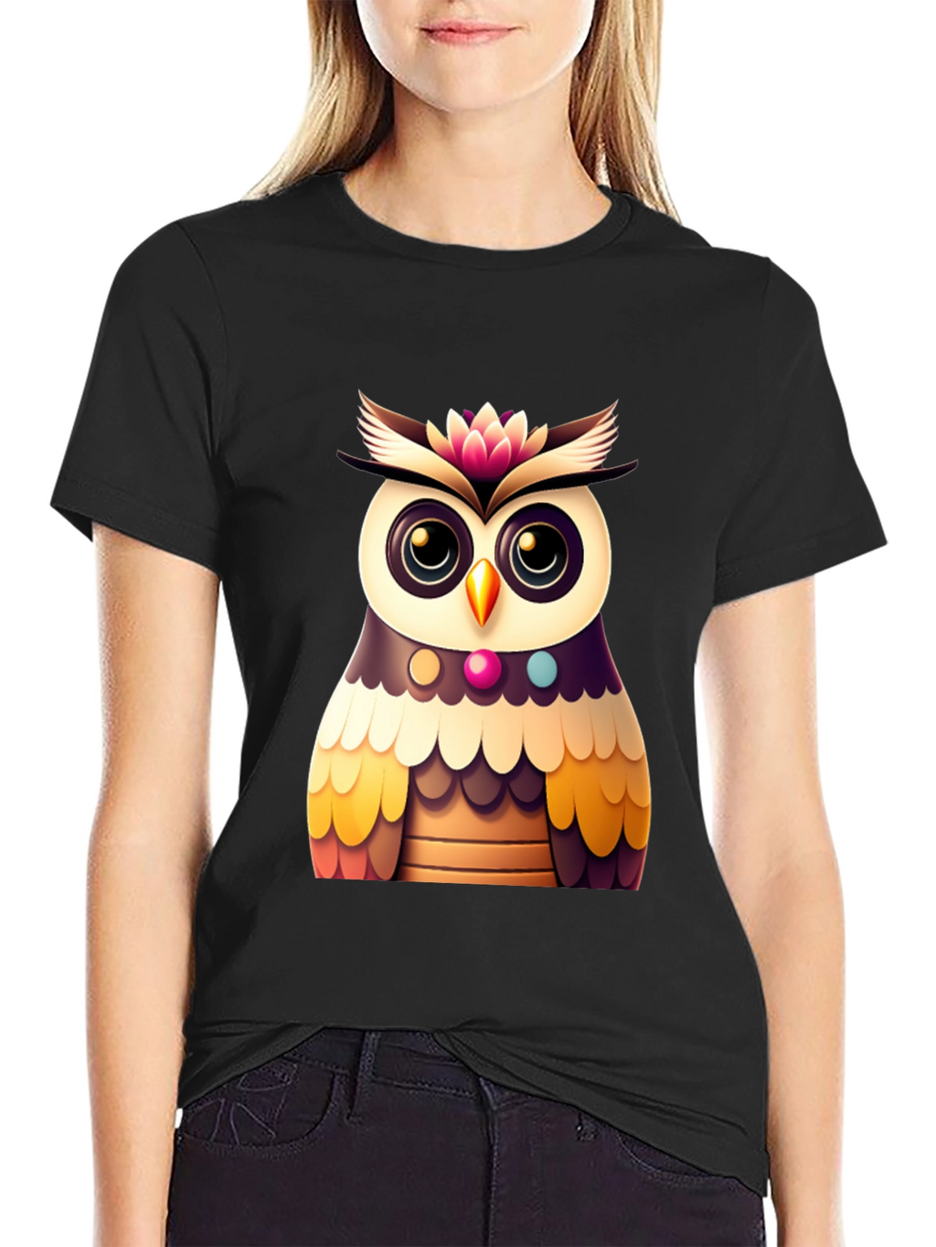 Cute Owl Graphic Tee - Black Casual T-Shirt