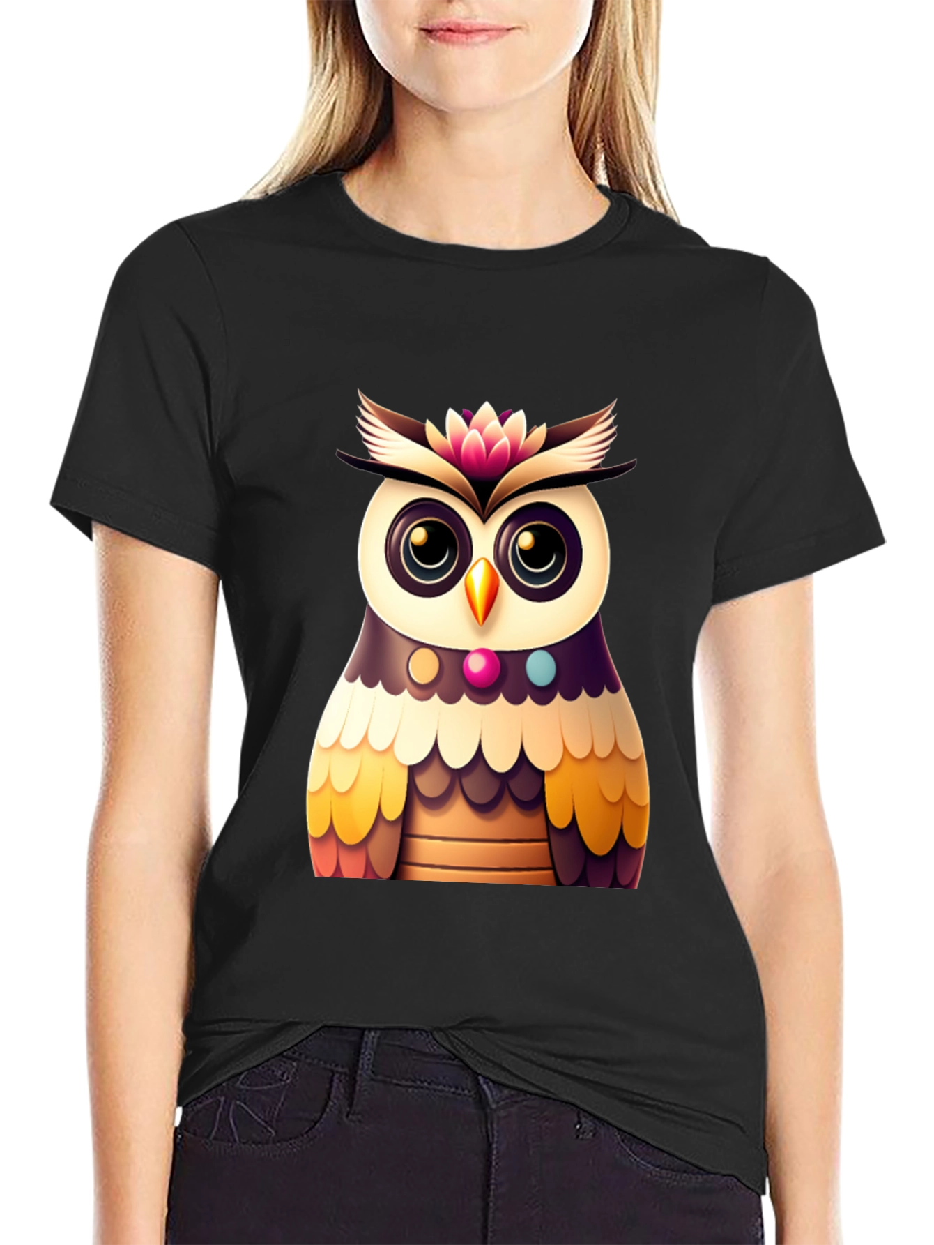 Cute Owl Graphic Tee - Black Casual T-Shirt