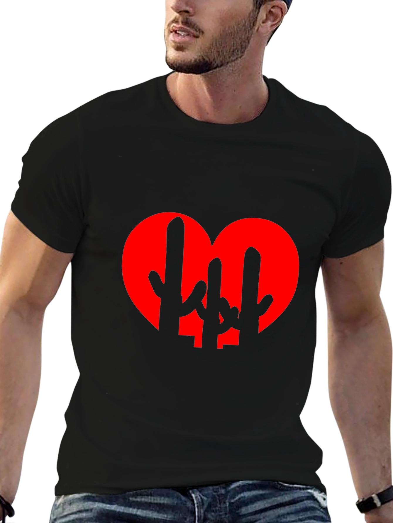 Cactus Heart Graphic Tee - Black Cotton T-Shirt