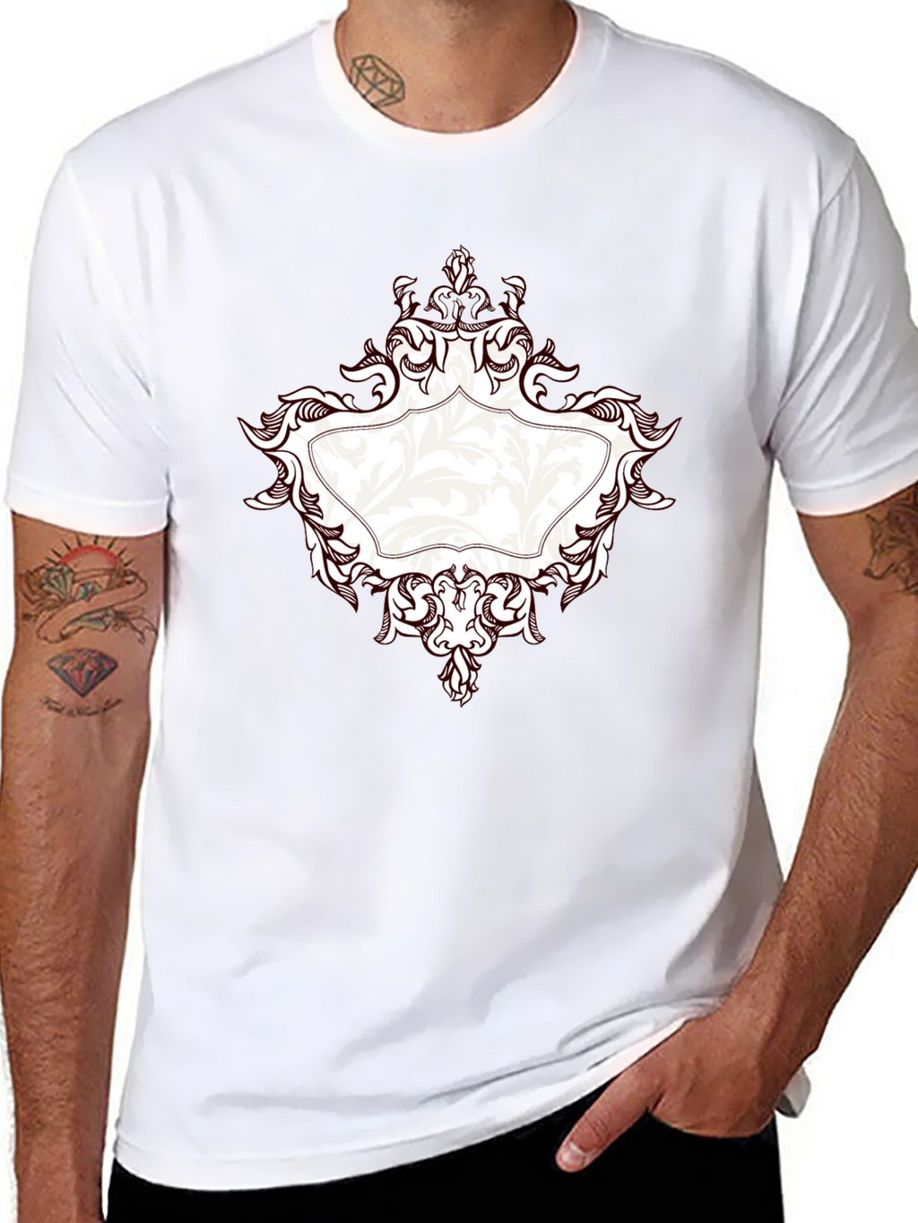 Elegant Black T-Shirt with Ornate Frame Design