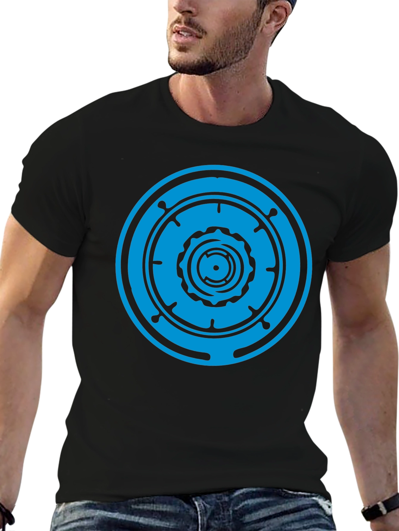 Black T-Shirt with Blue Geometric Circle Design