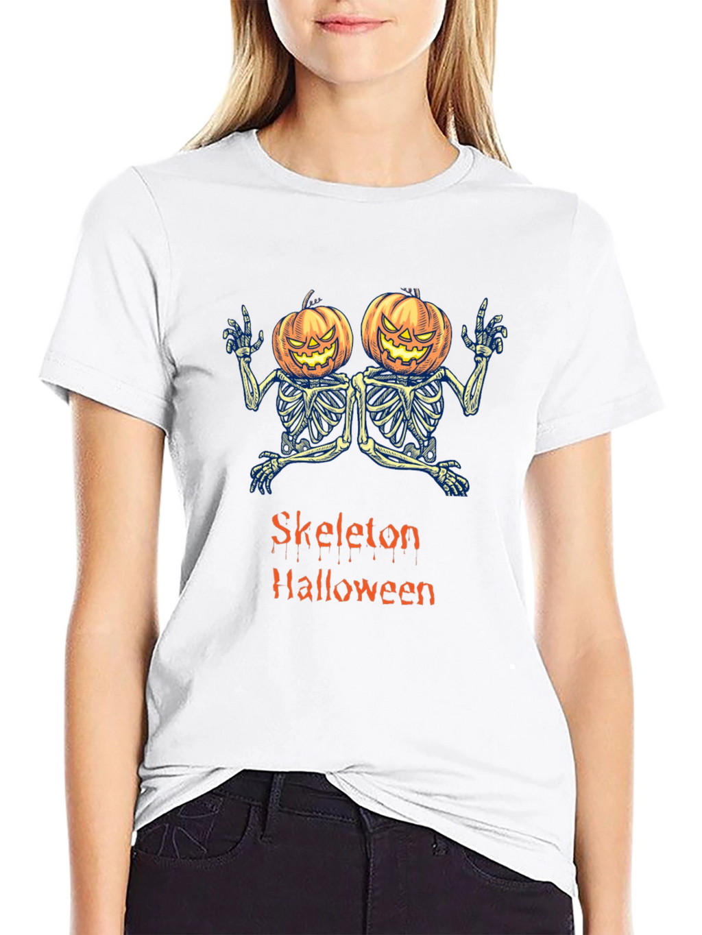 Skeleton Halloween Pumpkin Head T-Shirt