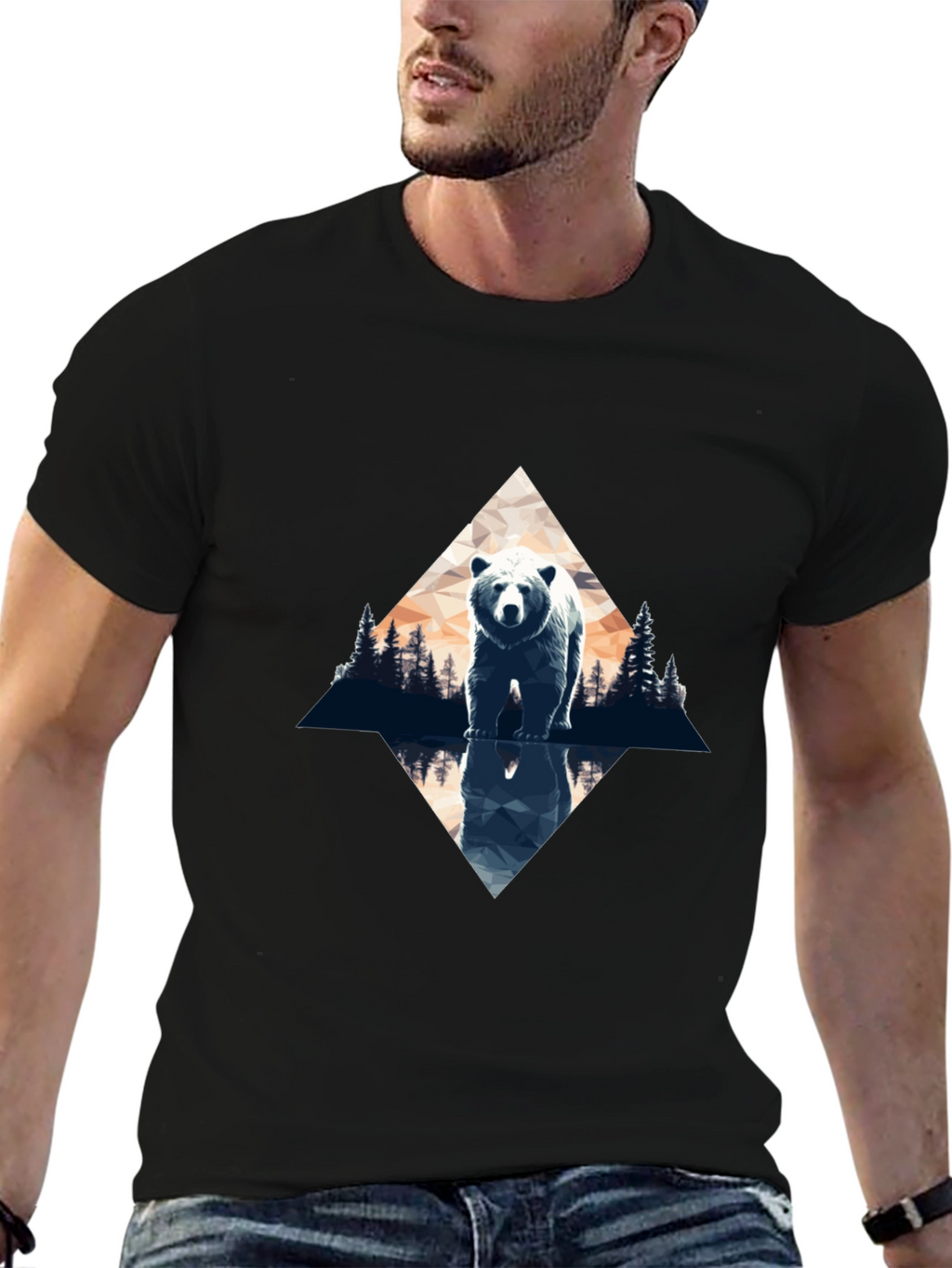 Bear Reflection Graphic Tee - Black Cotton Blend